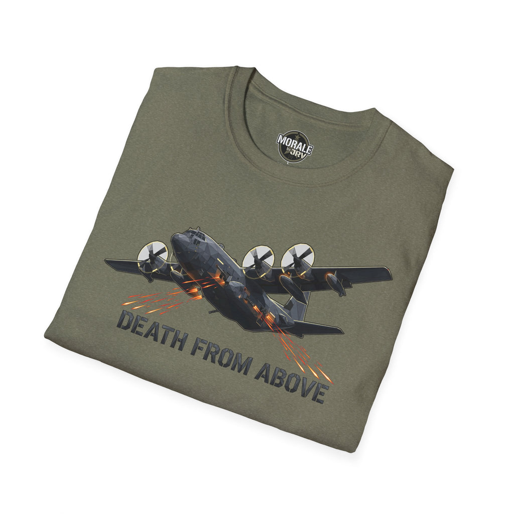 Death From Above T-shirt in military green, plane graphic with orange sparks