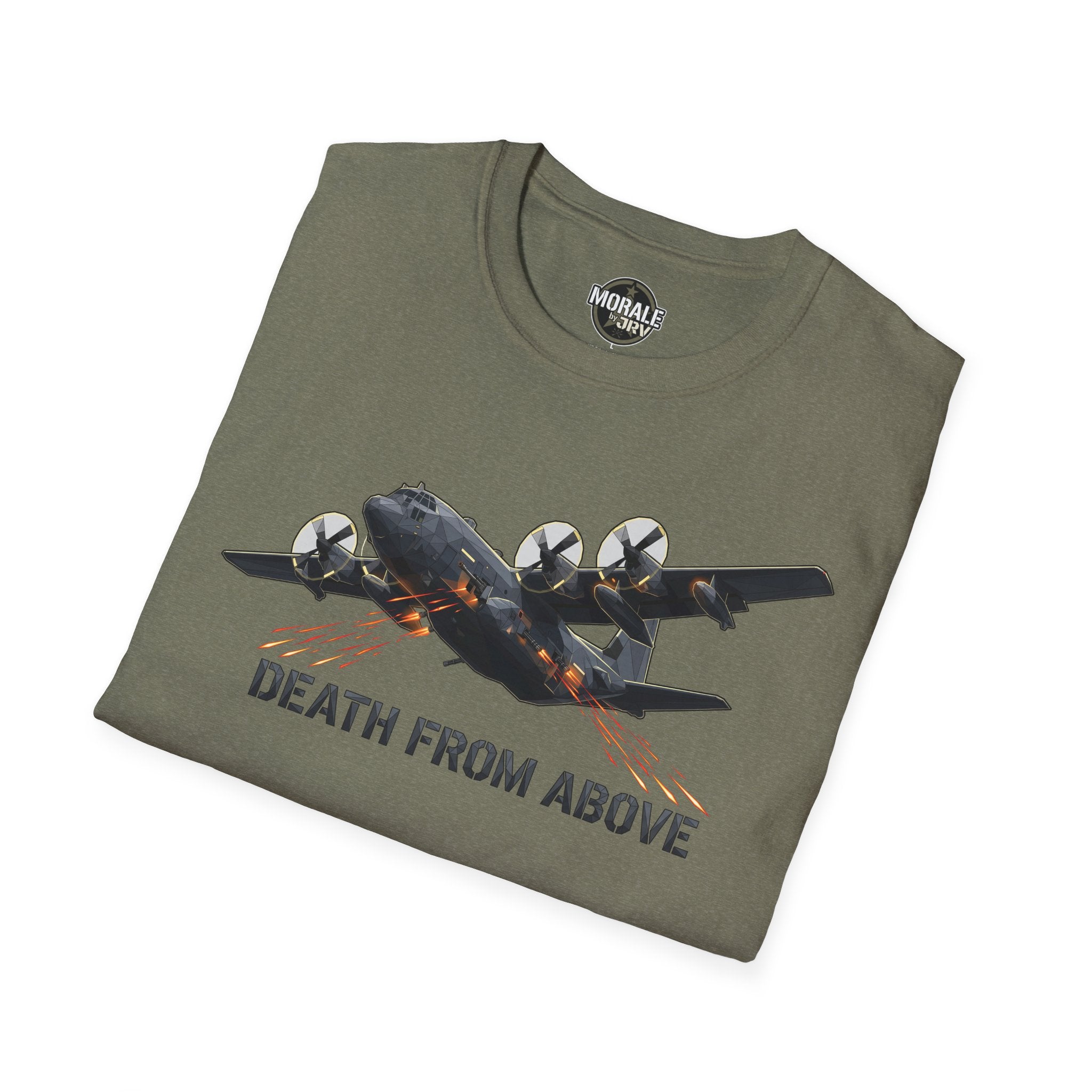 Death From Above T-shirt in military green, plane graphic with orange sparks