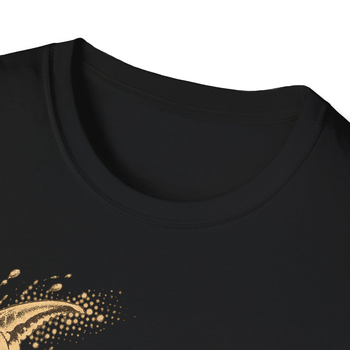 Black crewneck T-shirt with partial gold crab graphic at left chest