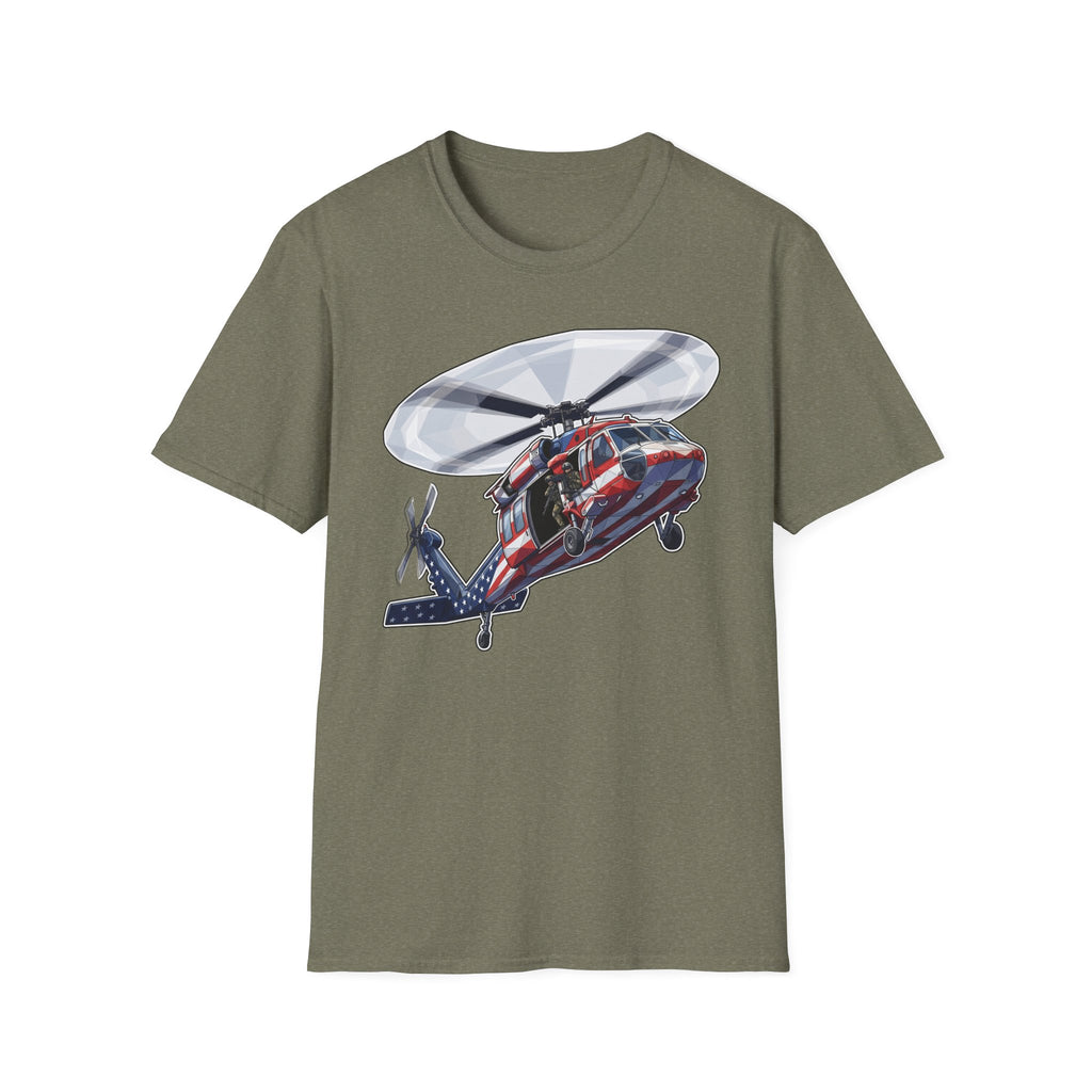 Heather Military Green rescue helicopter T-shirt with front helicopter graphic