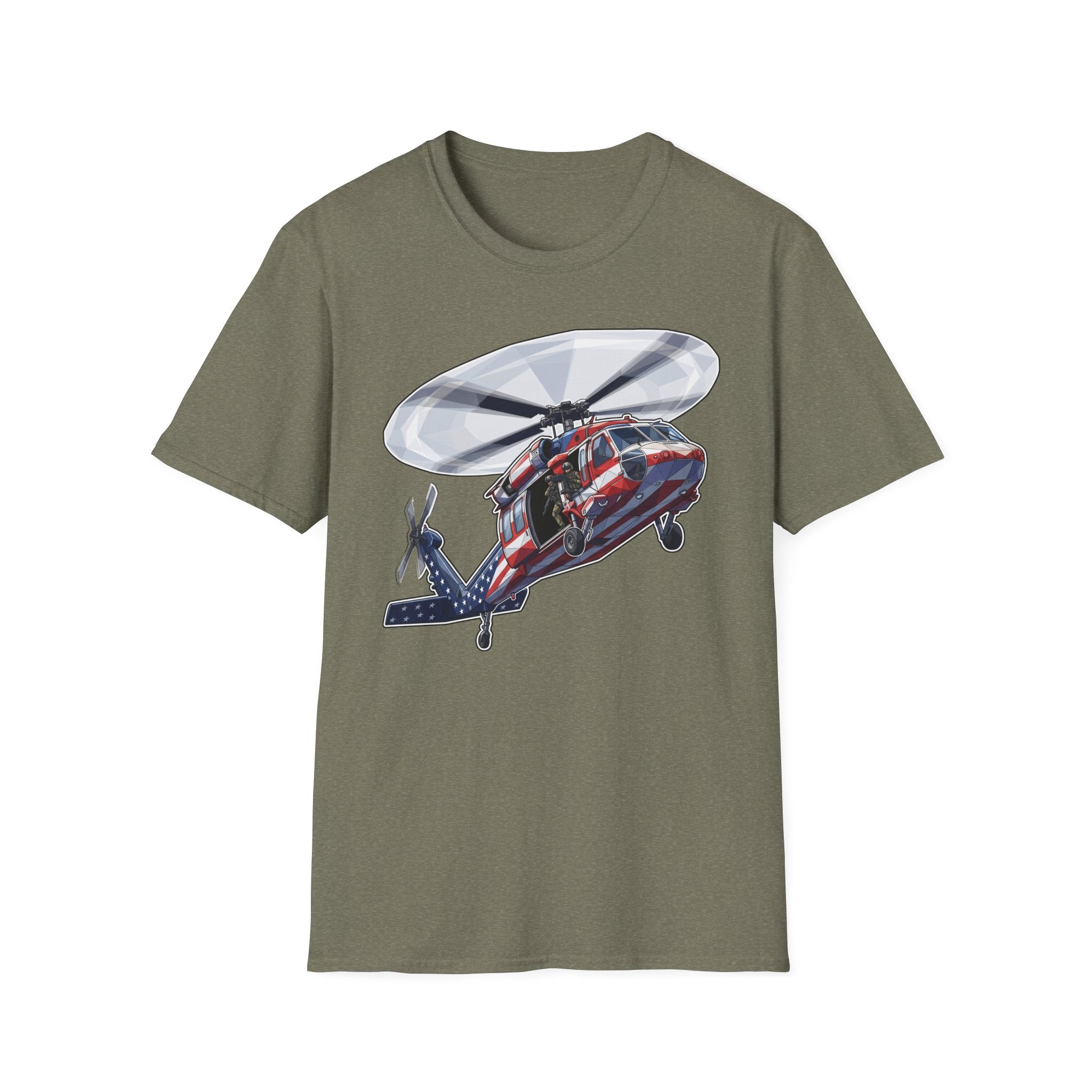Heather Military Green rescue helicopter T-shirt with front helicopter graphic
