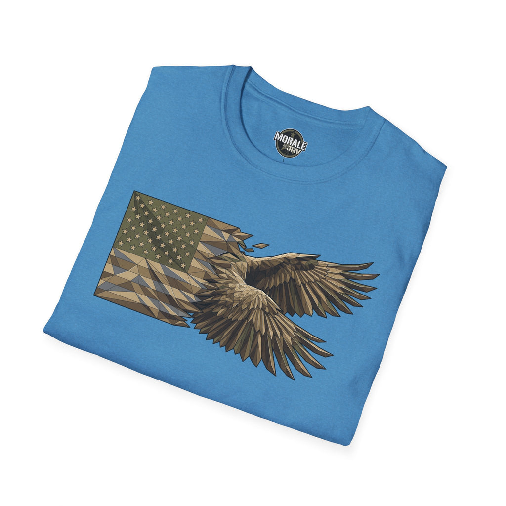 Light blue T-shirt with geometric American flag and bald eagle graphic