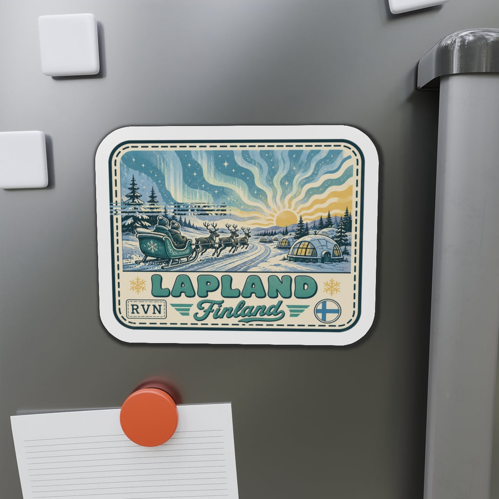 Rounded-rectangle die-cut magnet with Lapland Finland vintage landscape, LAPLAND and Finland text