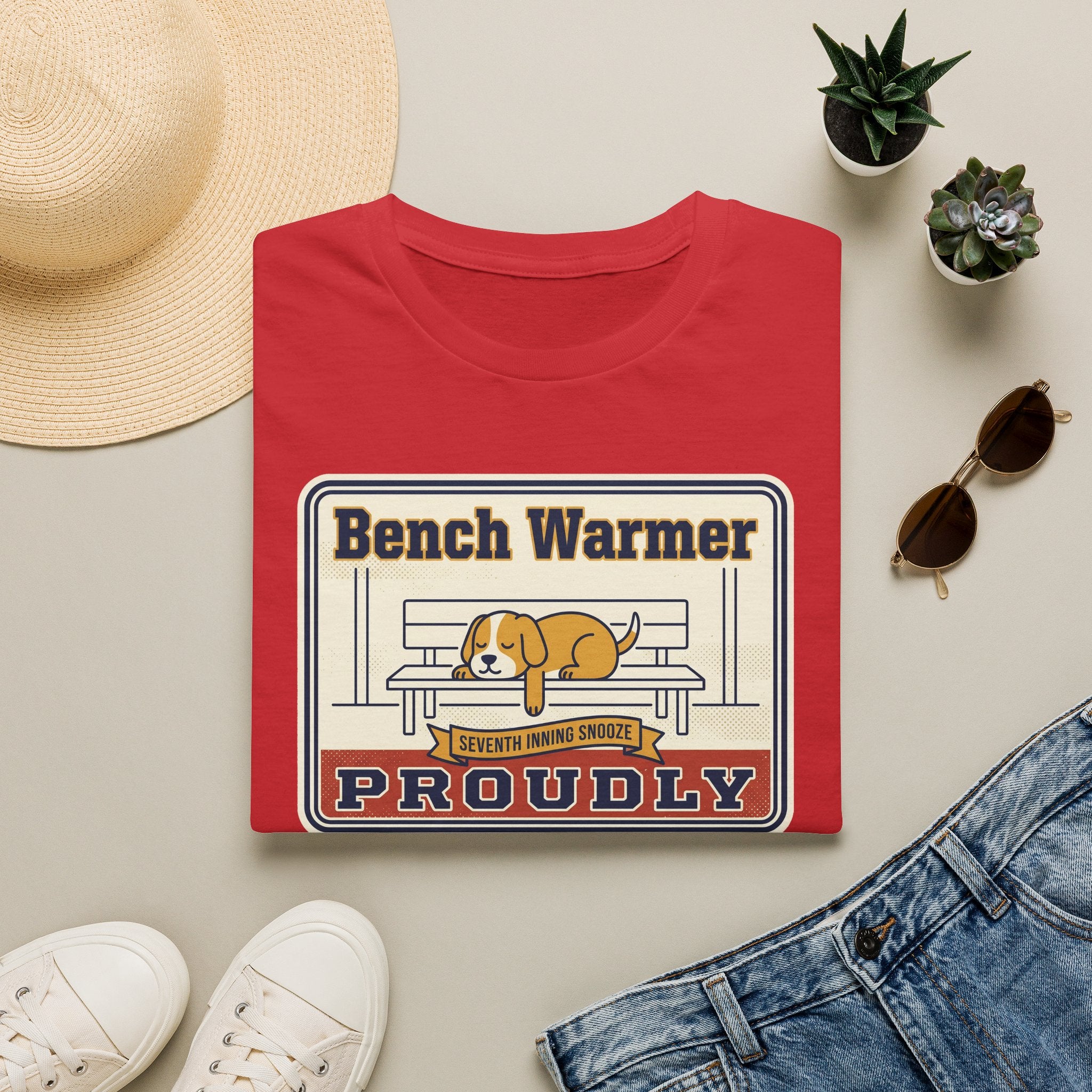 Red crew-neck T-shirt with Bench Warmer dog graphic on the chest