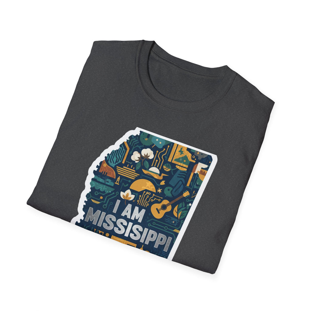 Dark heather gray T-shirt with full “I AM MISSISSIPPI” state illustration graphic