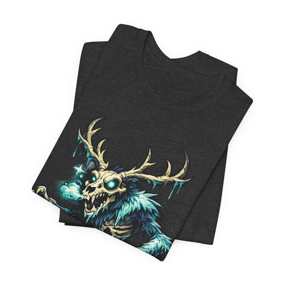 Dark grey unisex crewneck T-shirt with glowing skull deer monster graphic.