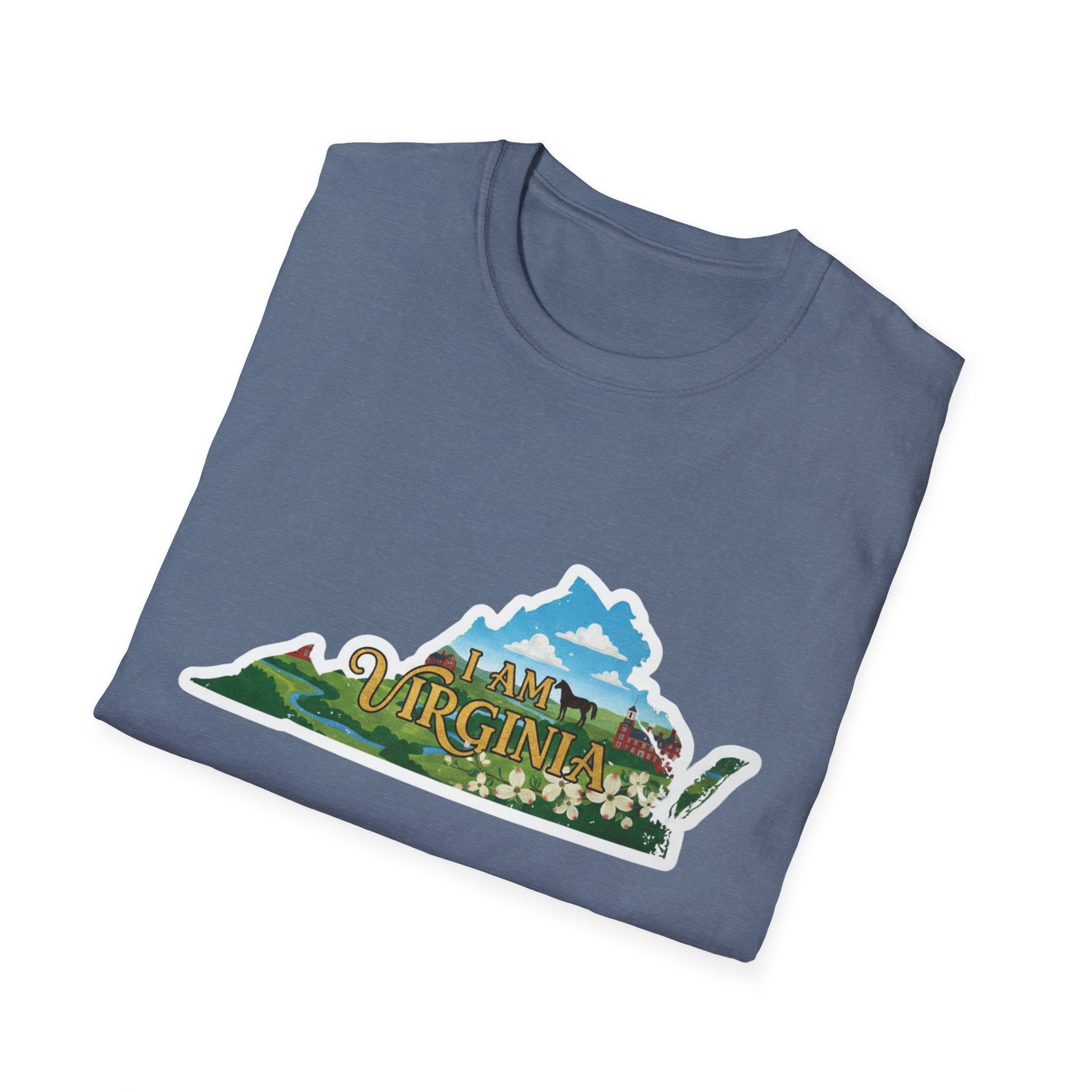 Blue t-shirt with Virginia scenic graphic featuring mountains and landscape icons