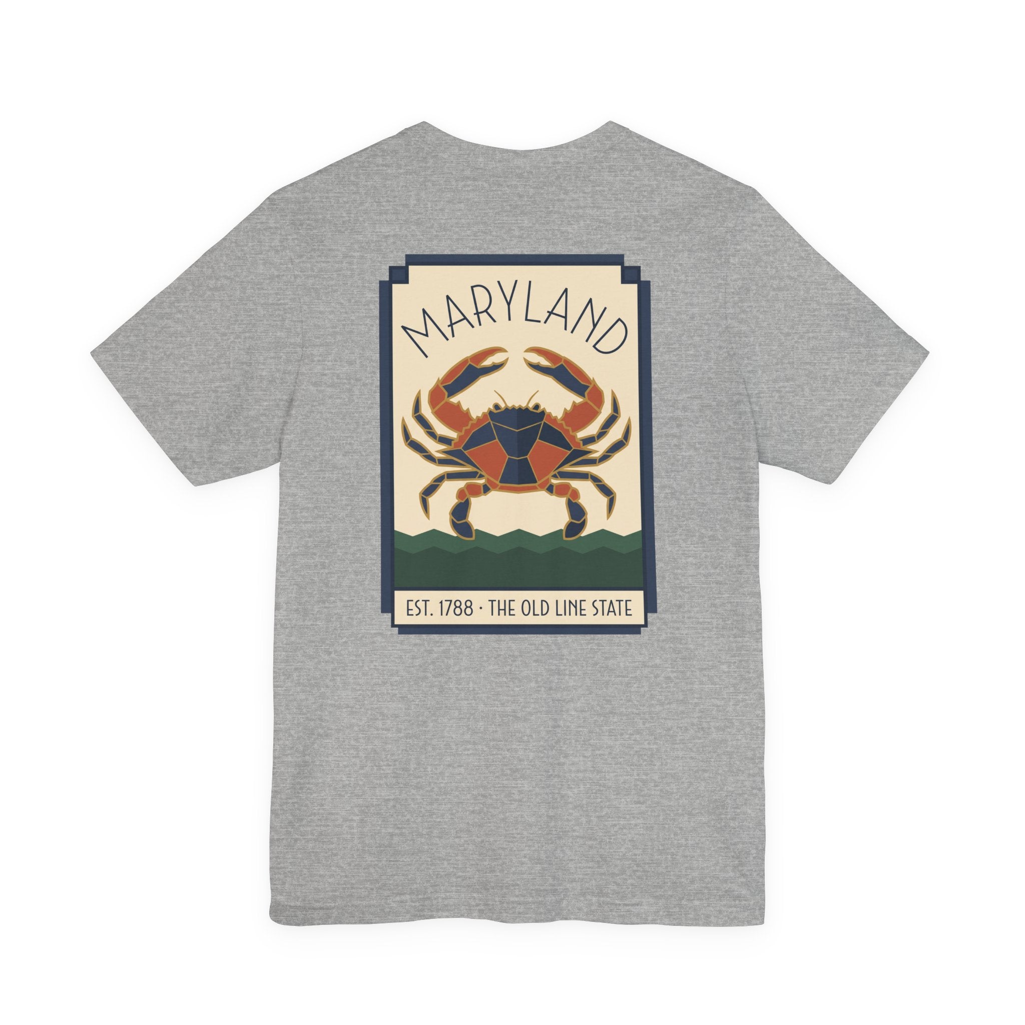 Heather gray t-shirt with Maryland art deco crab graphic on the front