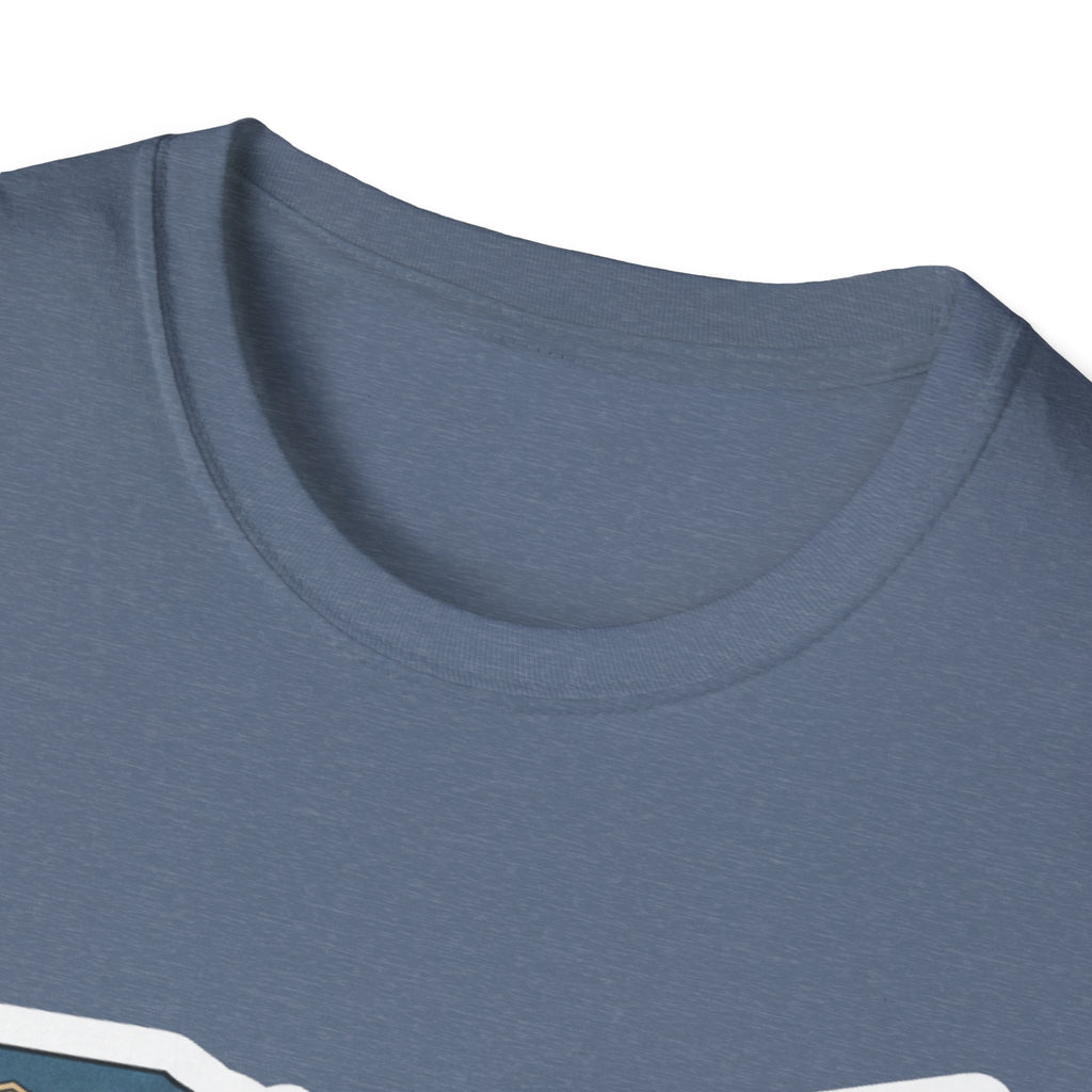 Blue-gray T-shirt neckline close-up, smooth crew collar