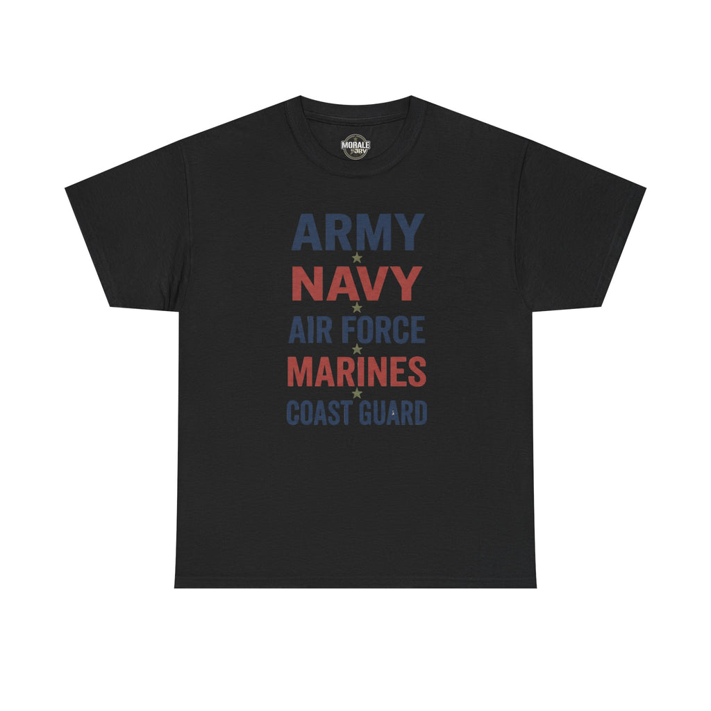 Black T-shirt with multicolor “ARMY NAVY AIR FORCE MARINES COAST GUARD” front graphic