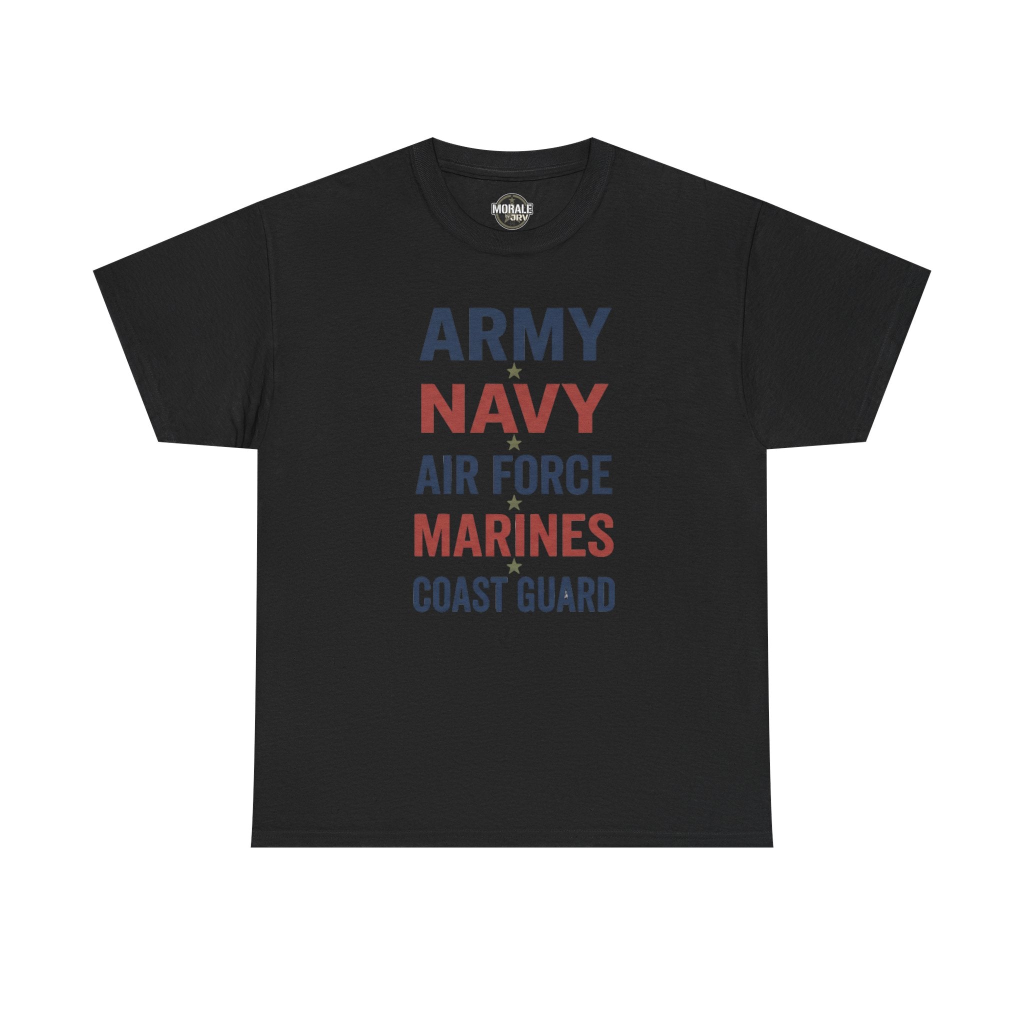 Black T-shirt with multicolor “ARMY NAVY AIR FORCE MARINES COAST GUARD” front graphic