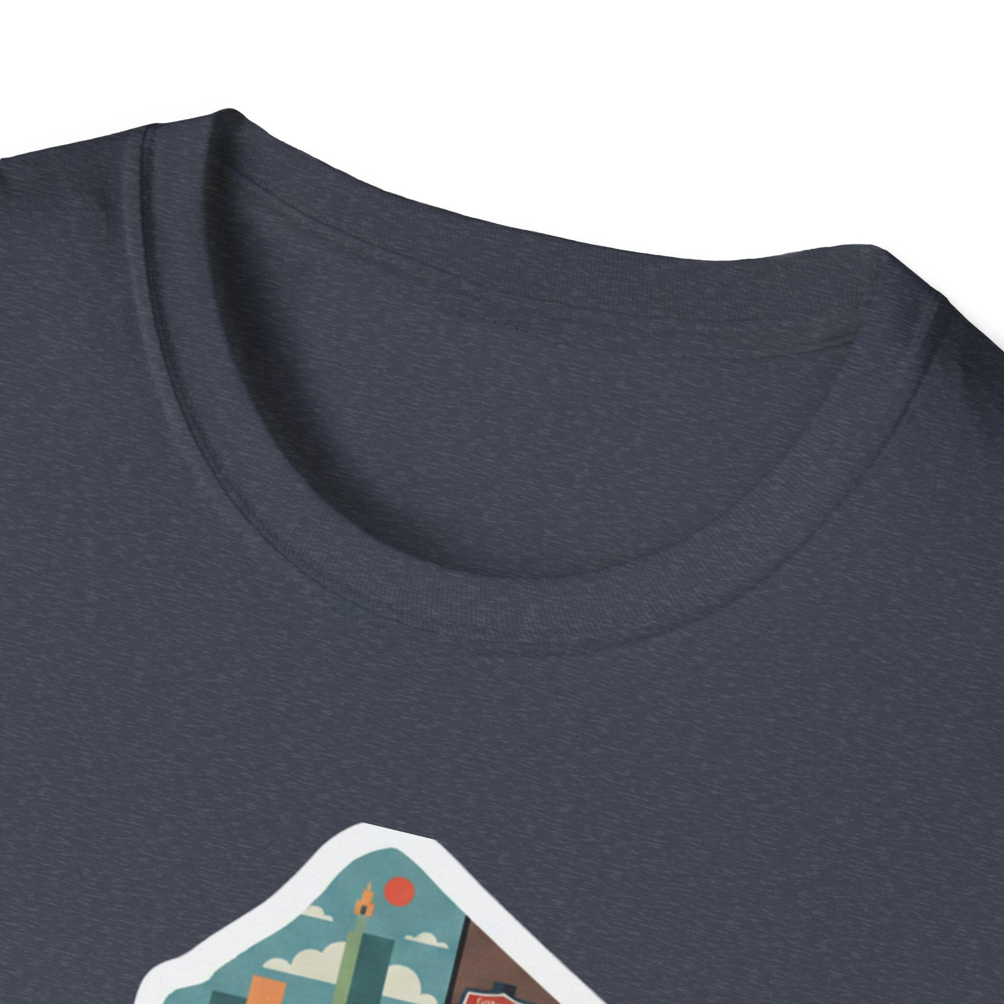 Dark heather gray T-shirt with crew neck and partial I AM NEW JERSEY map graphic