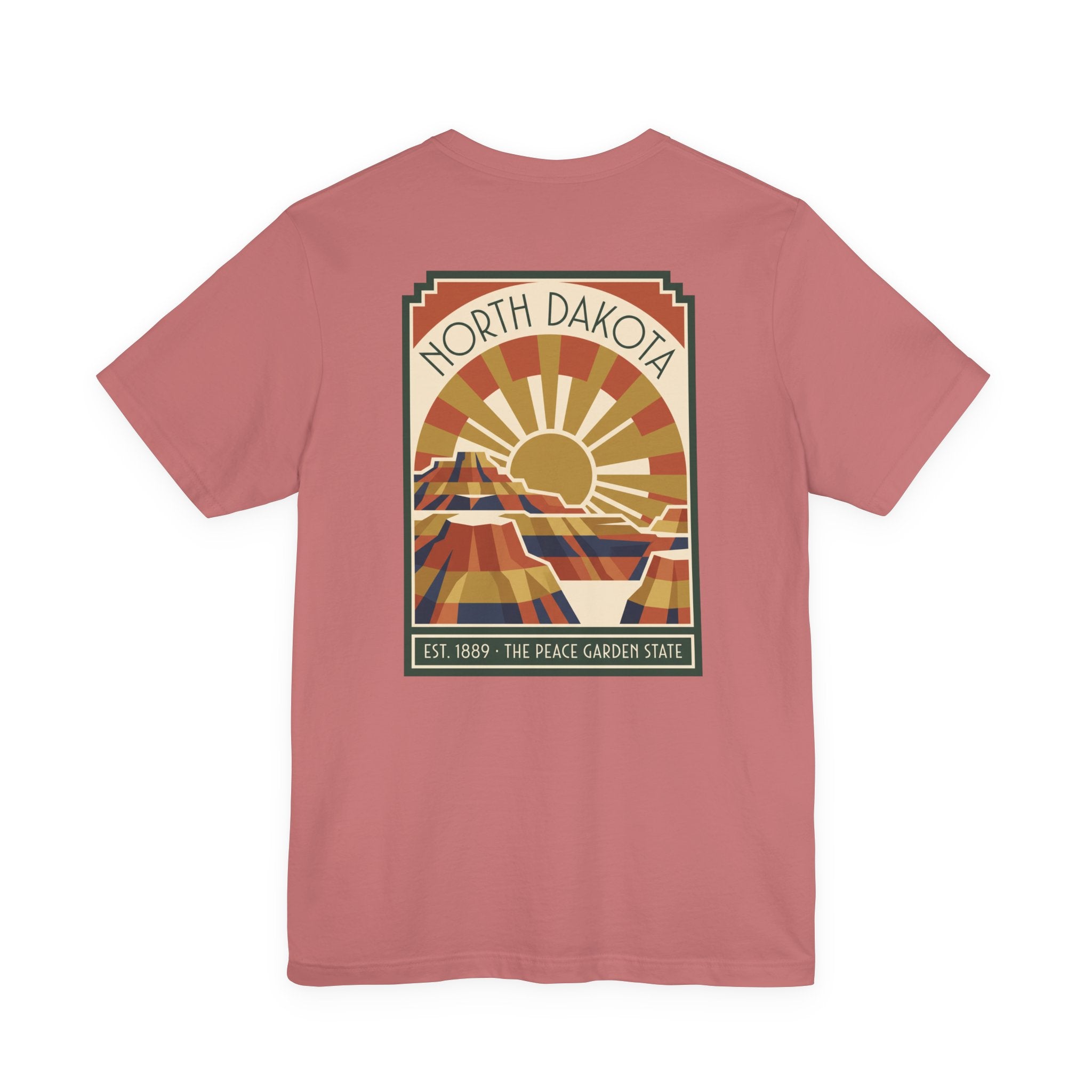 Rose crewneck T-shirt with large North Dakota scene graphic centered