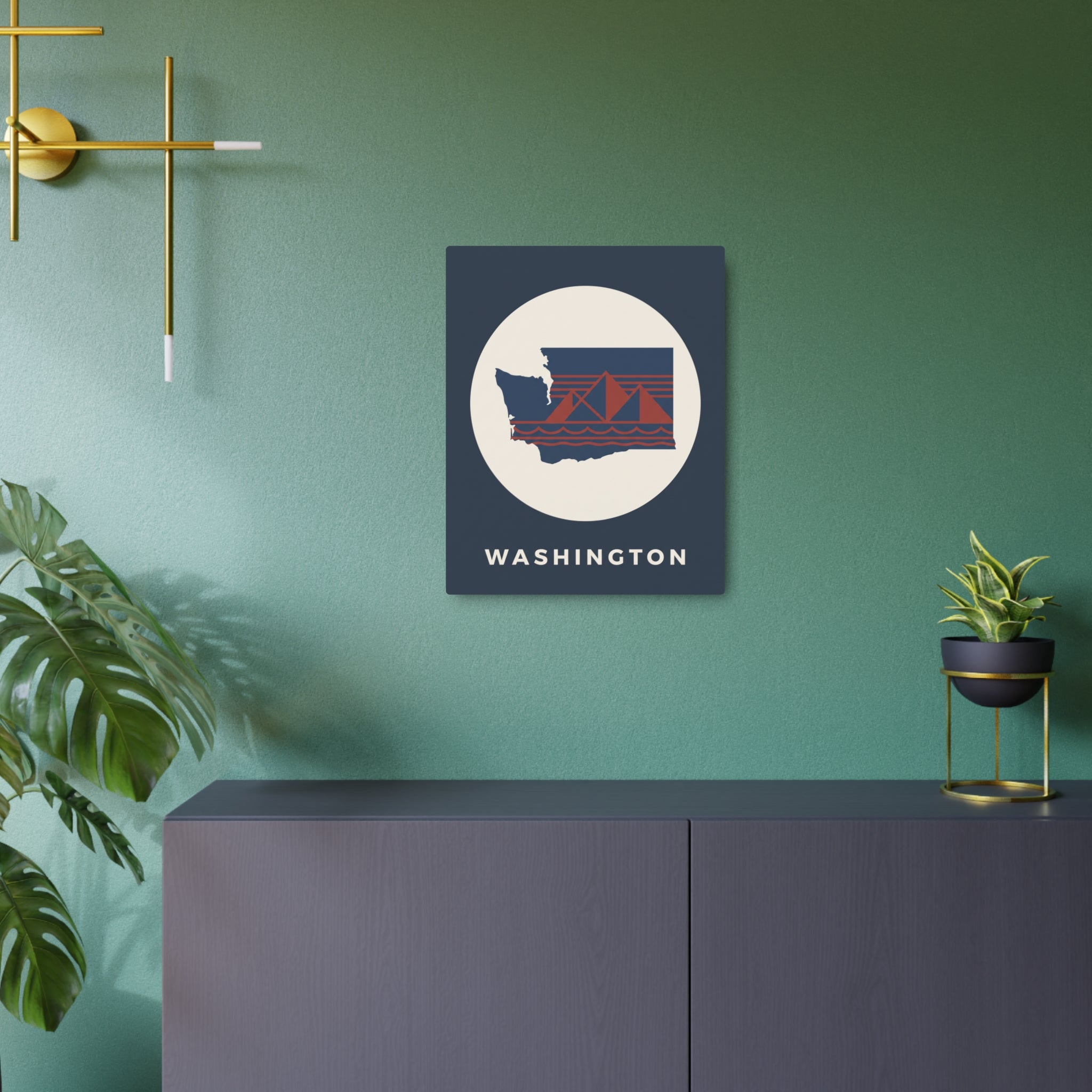 Nautical metal wall decor sign, square with circular sailboat scene and 'WASHINGTON' label