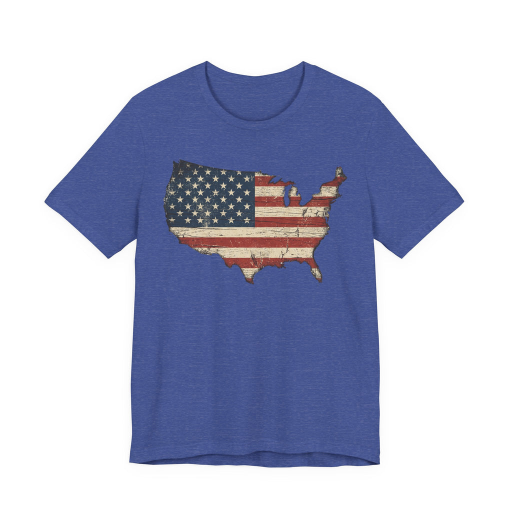 Royal blue crewneck T-shirt with distressed American flag map graphic