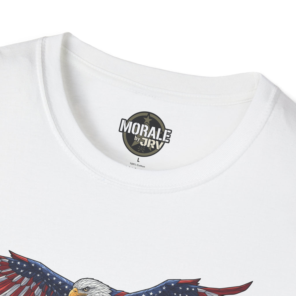 White T-shirt neckline with small circular brand logo