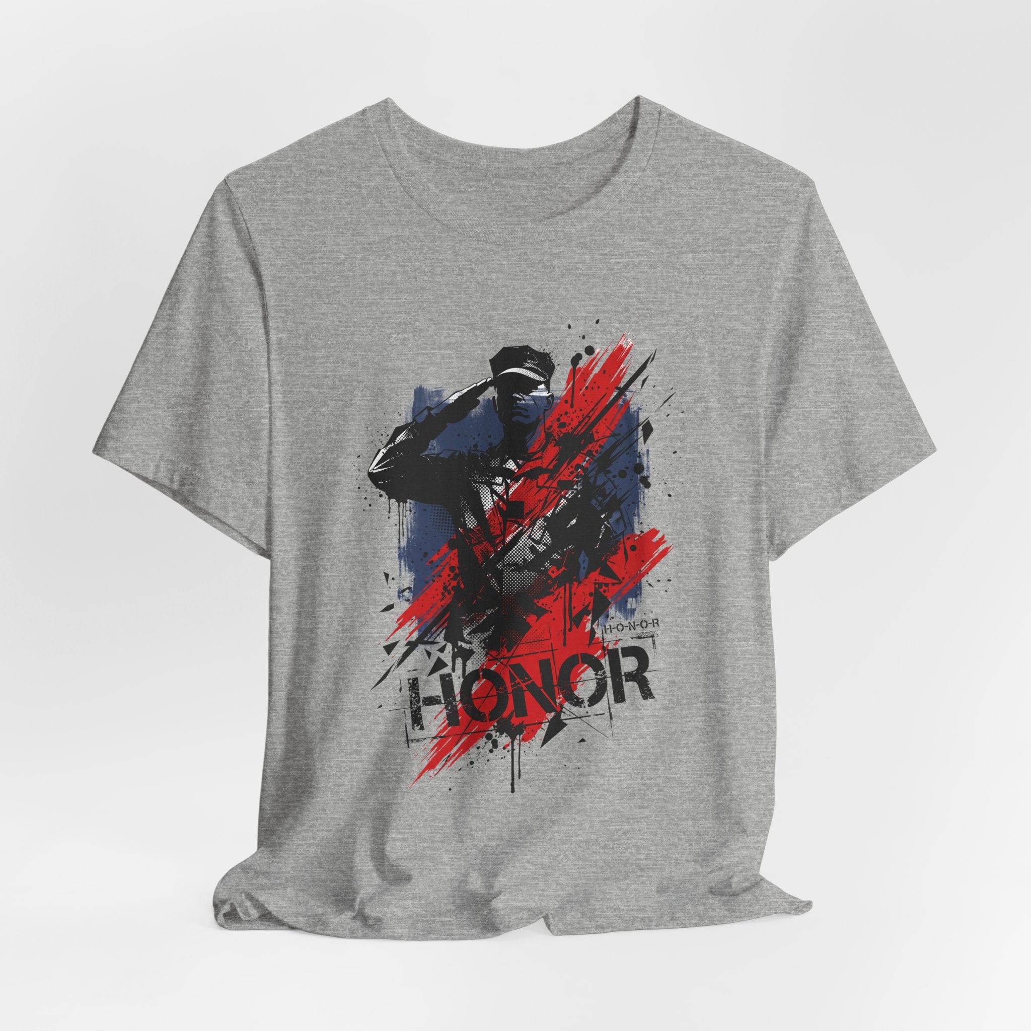 Dark grey heather crewneck T-shirt with centered soldier silhouette graphic in red and black