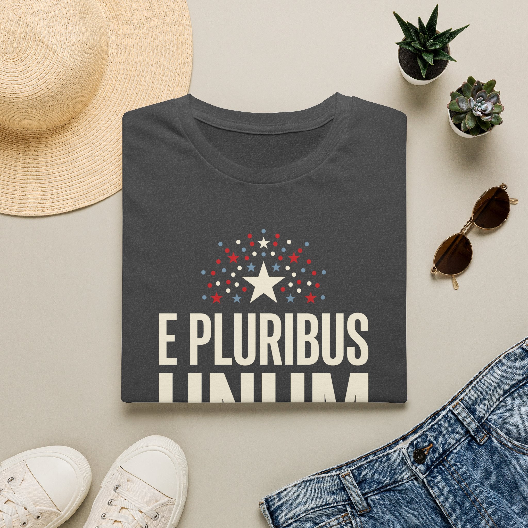 Dark gray T-shirt with starburst graphic and "E PLURIBUS" text