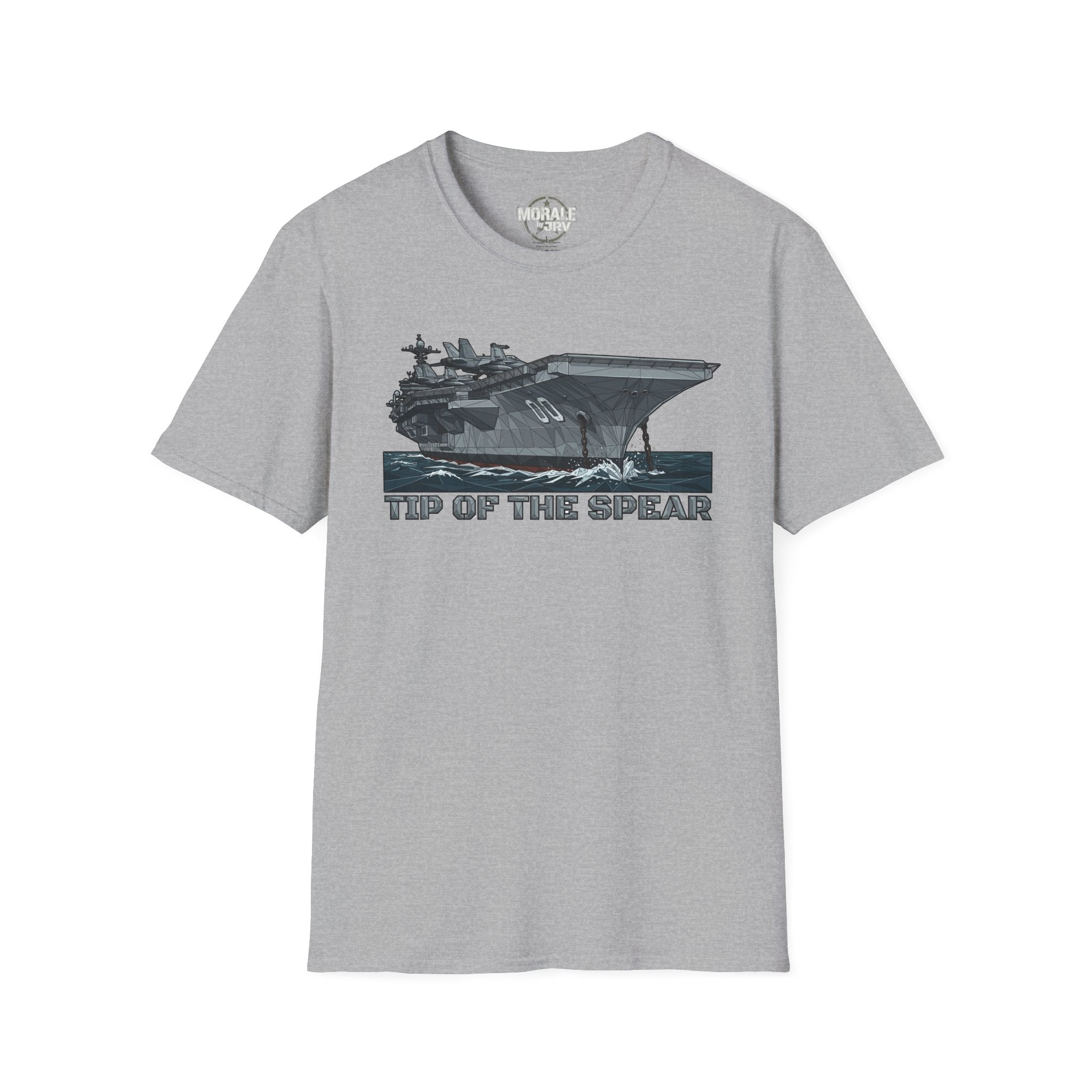 Sport grey T-shirt with 'TIP OF THE SPEAR' aircraft carrier front graphic