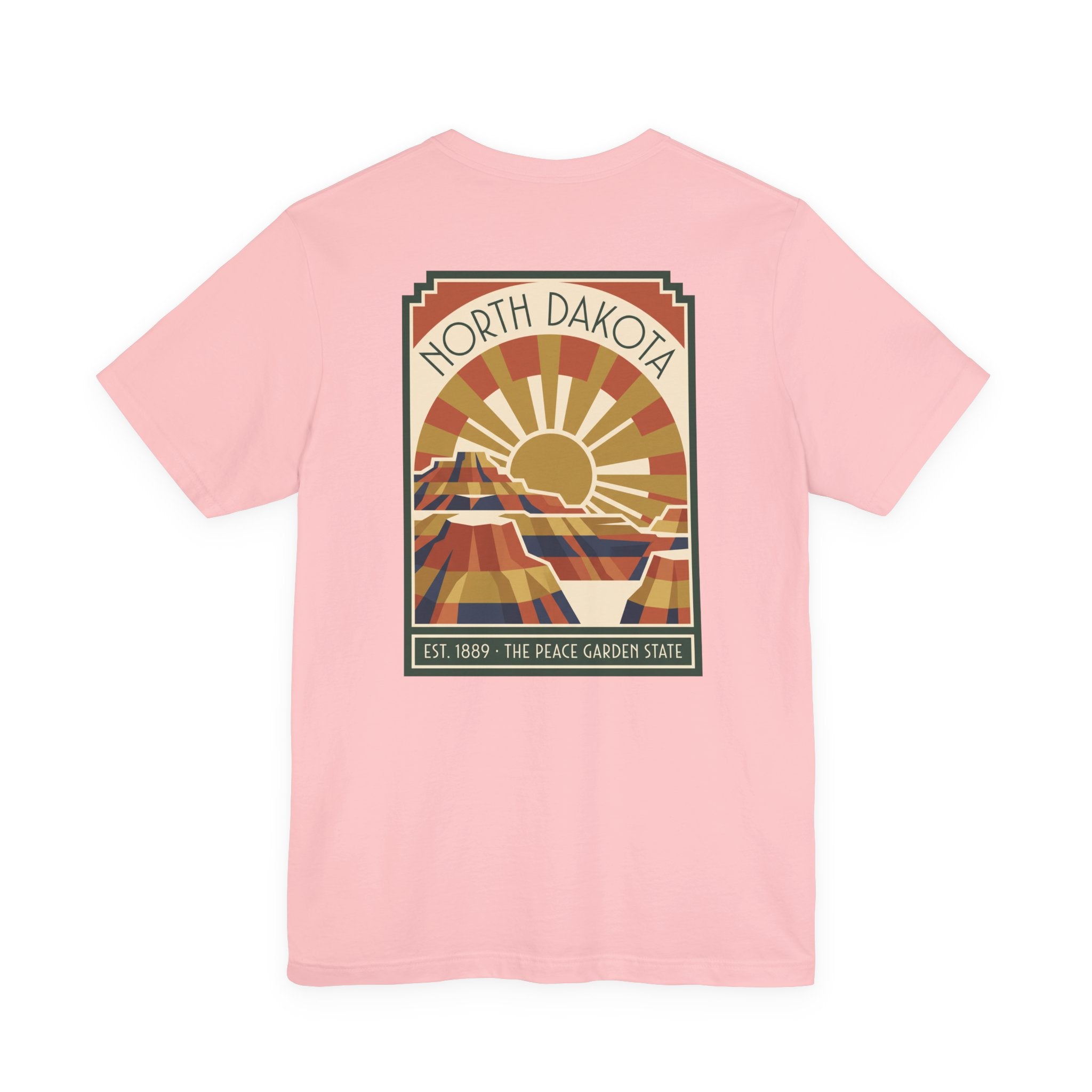 Pink T-shirt with framed North Dakota sunburst graphic, EST. 1889