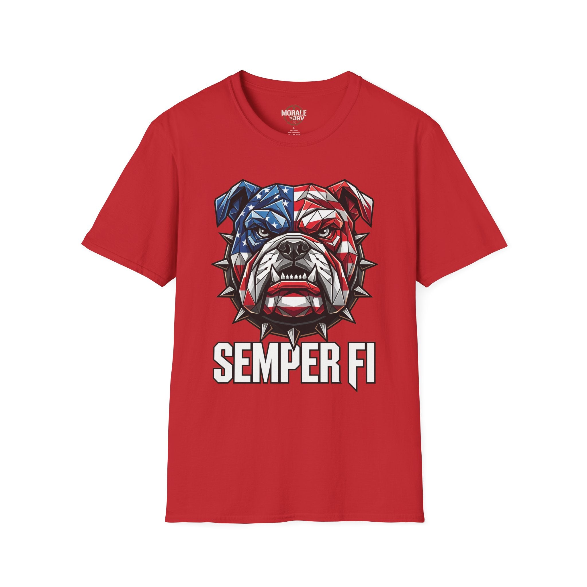 Red Semper Fi bulldog T-shirt with American flag themed dog head graphic