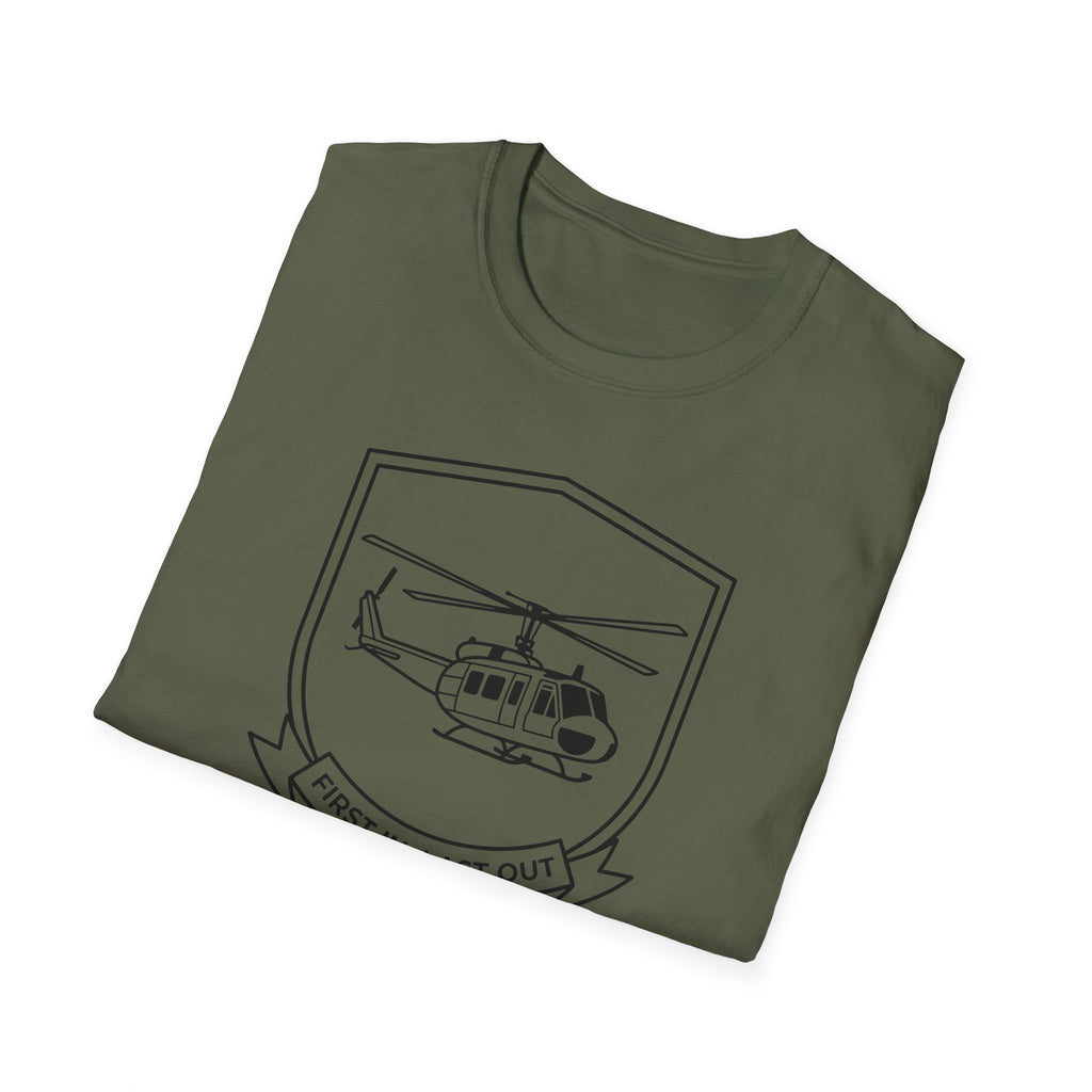 Military green T-shirt with rescue helicopter outline graphic on front