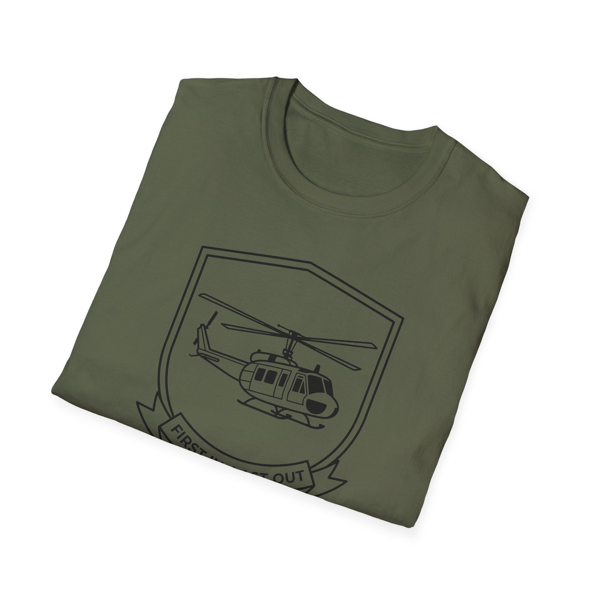 Military green T-shirt with rescue helicopter outline graphic on front
