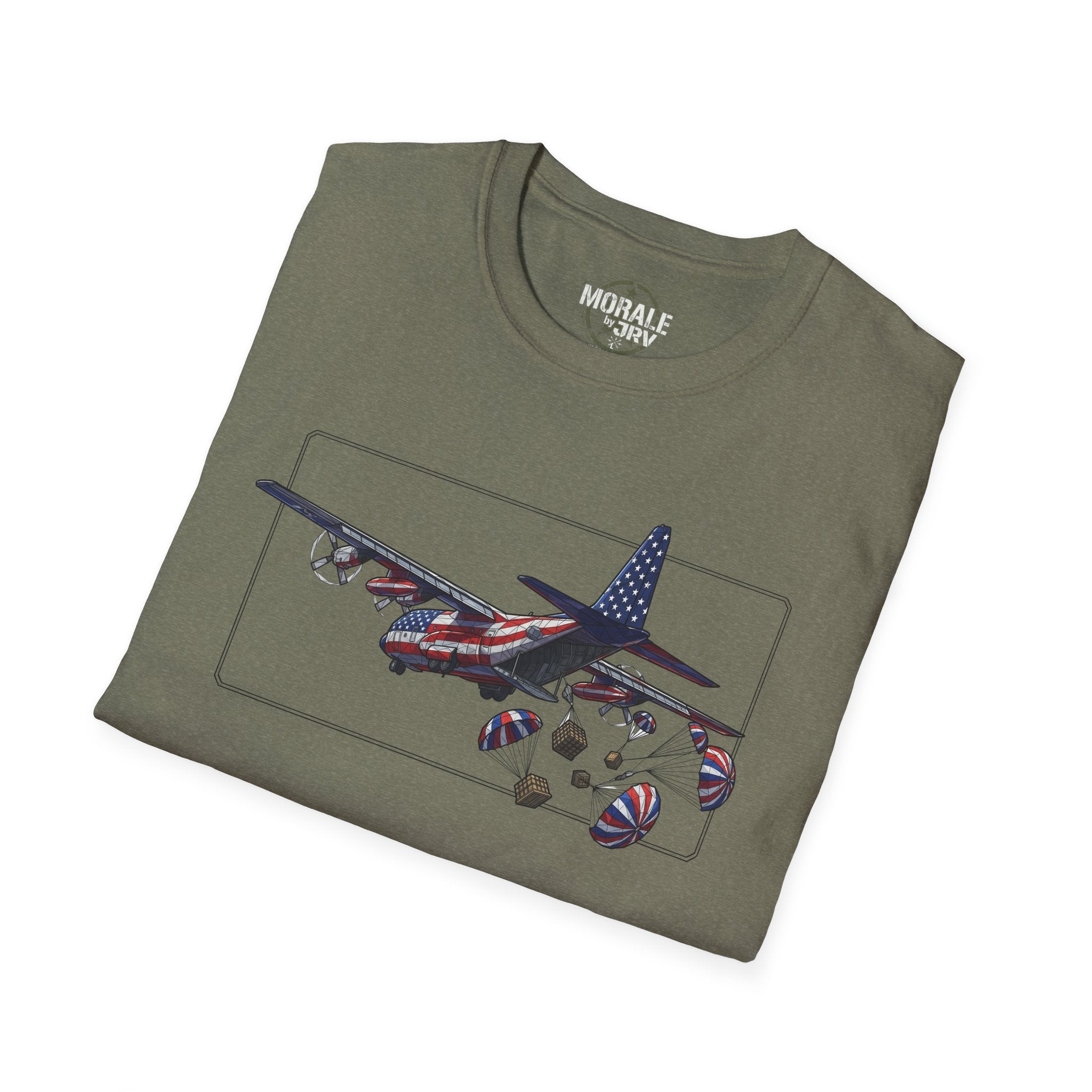 Olive green C-130 Hercules T-shirt with aircraft and parachute drop graphic