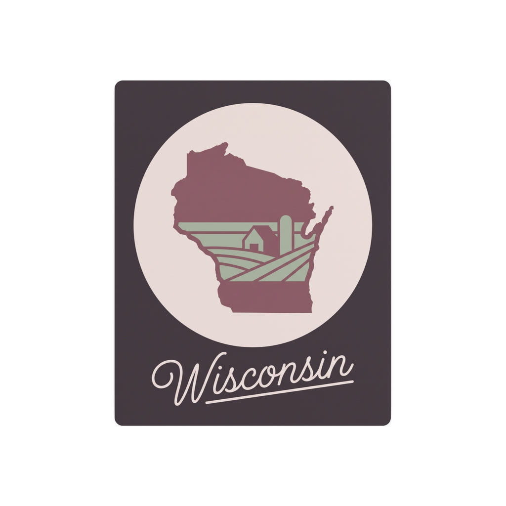 Maroon Wisconsin state silhouette metal wall art sign with circular medallion and script