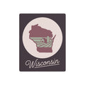 Maroon Wisconsin state silhouette metal wall art sign with circular medallion and script