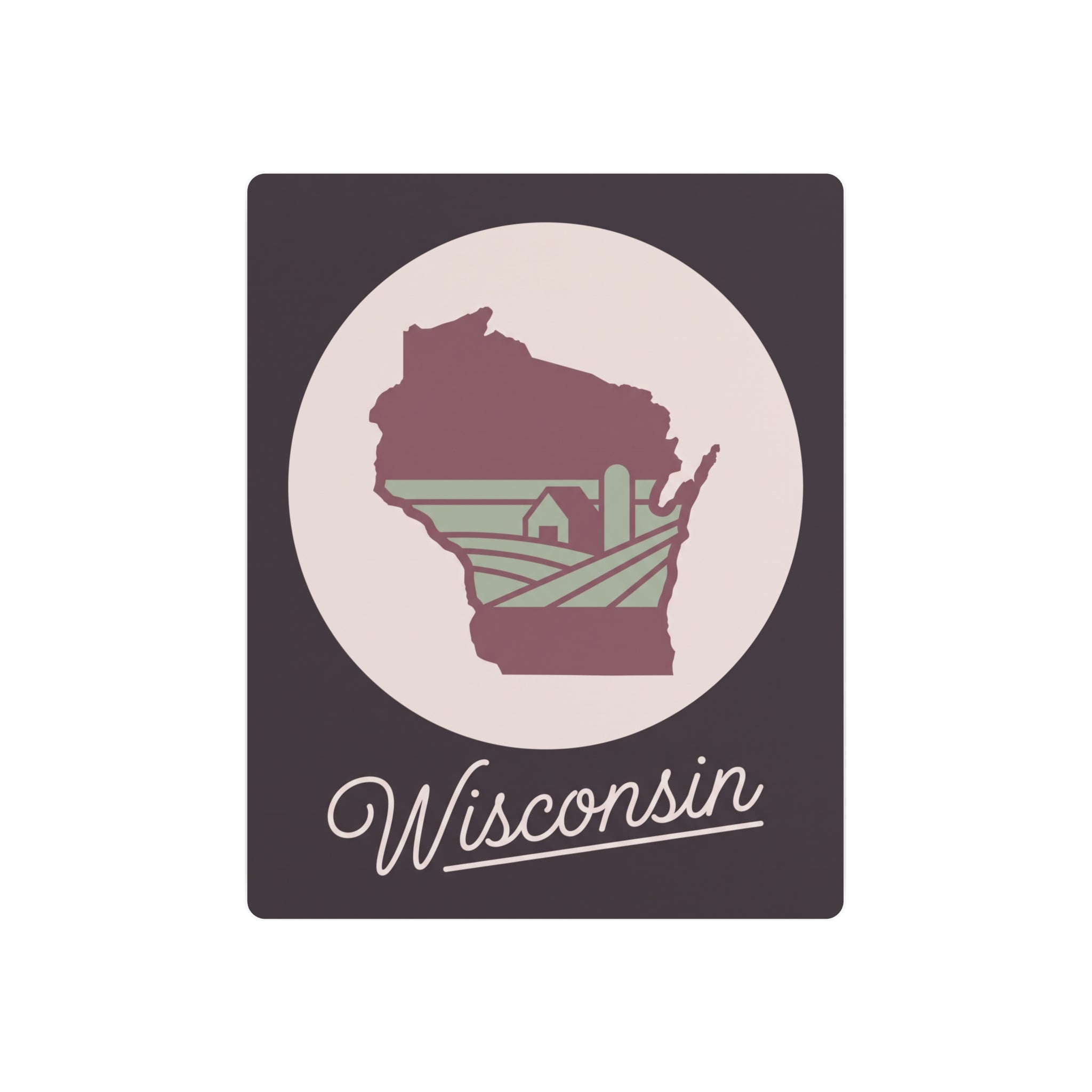 Maroon Wisconsin state silhouette metal wall art sign with circular medallion and script