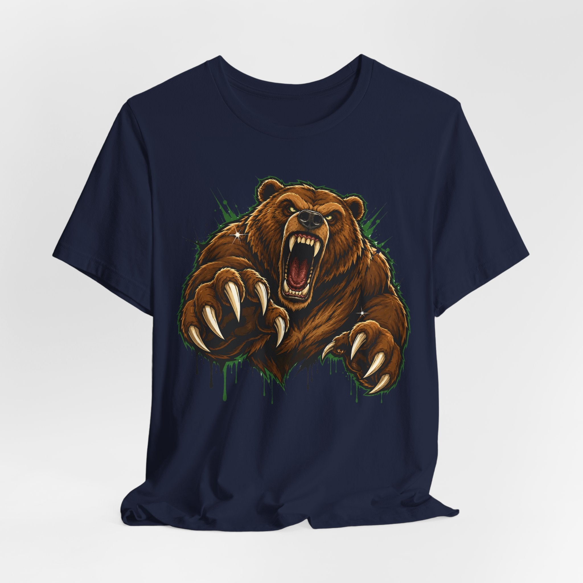 Navy unisex T-shirt with centered roaring grizzly bear graphic, claws out