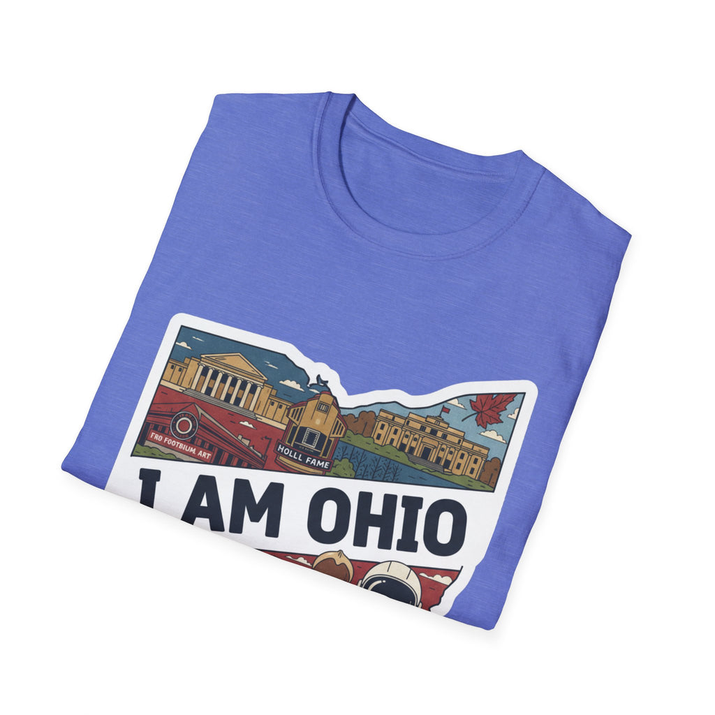 Purple T-shirt with “I AM OHIO” Ohio landmarks skyline graphic