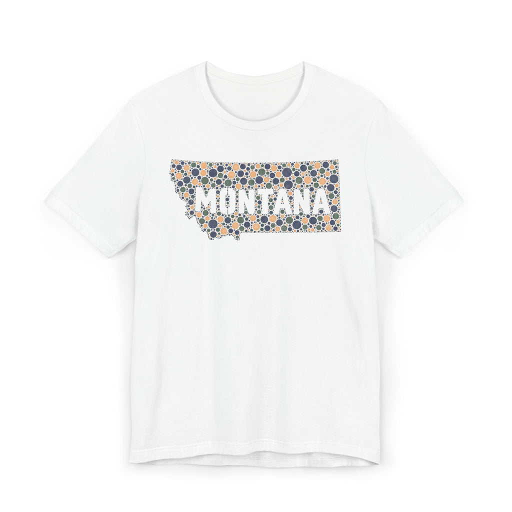 White crewneck t-shirt with “MONTANA” mosaic floral outline graphic on front.