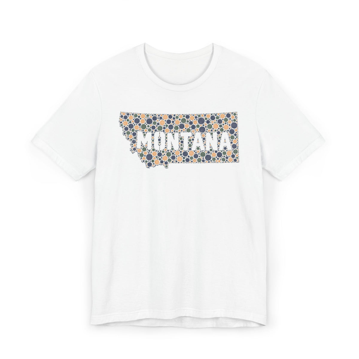 White crewneck t-shirt with “MONTANA” mosaic floral outline graphic on front.