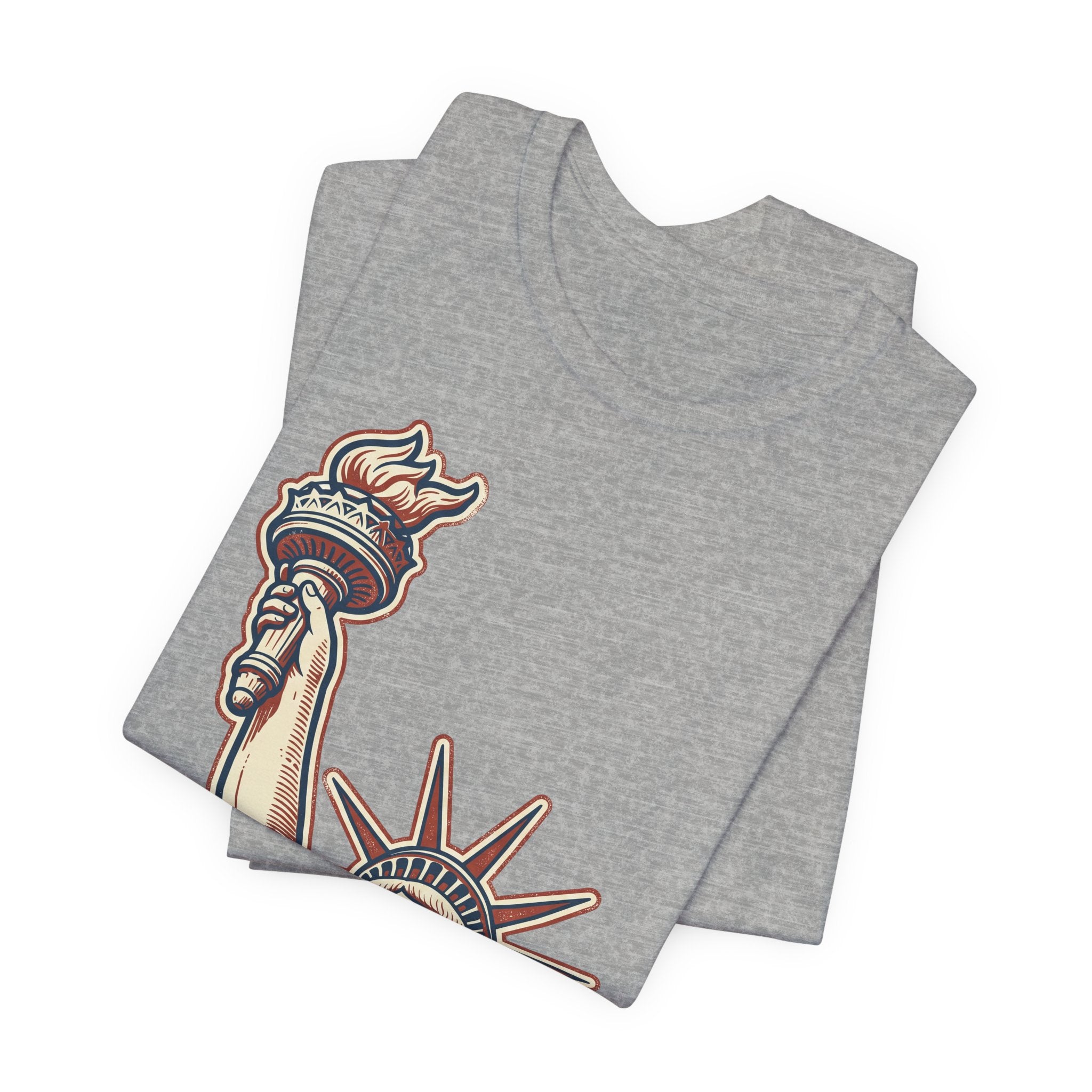 Dark grey graphic T-shirt with partial Statue of Liberty illustration on front