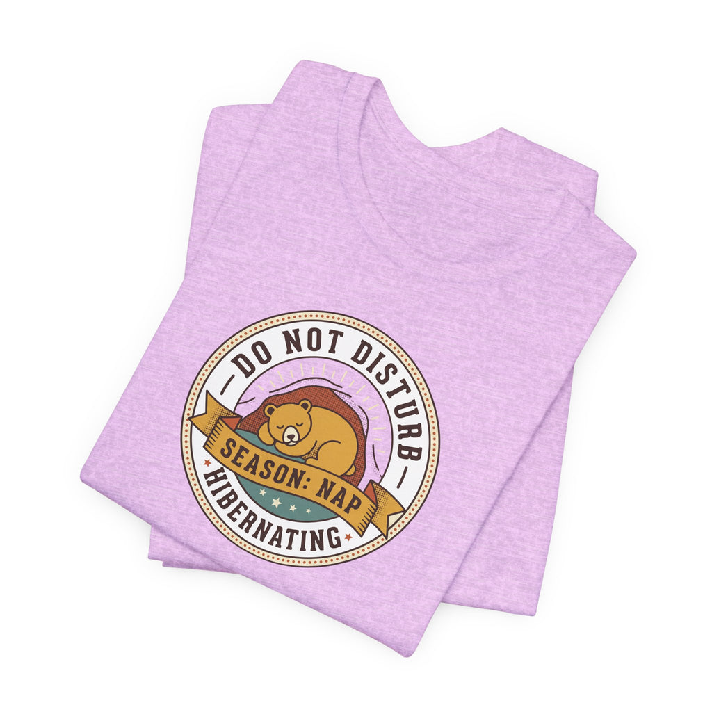 Light purple short-sleeve T-shirt with circular bear nap graphic on front.