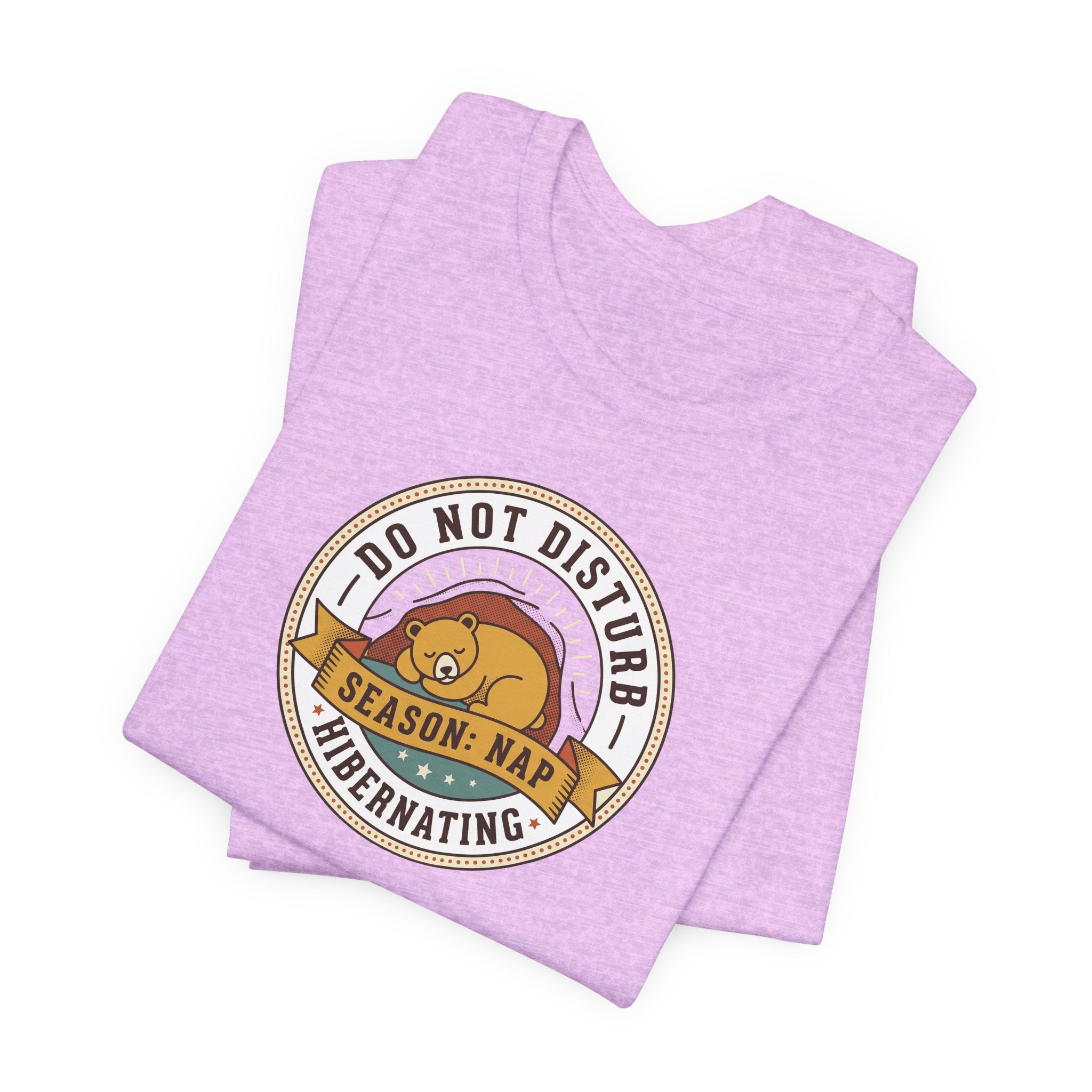 Light purple short-sleeve T-shirt with circular bear nap graphic on front.
