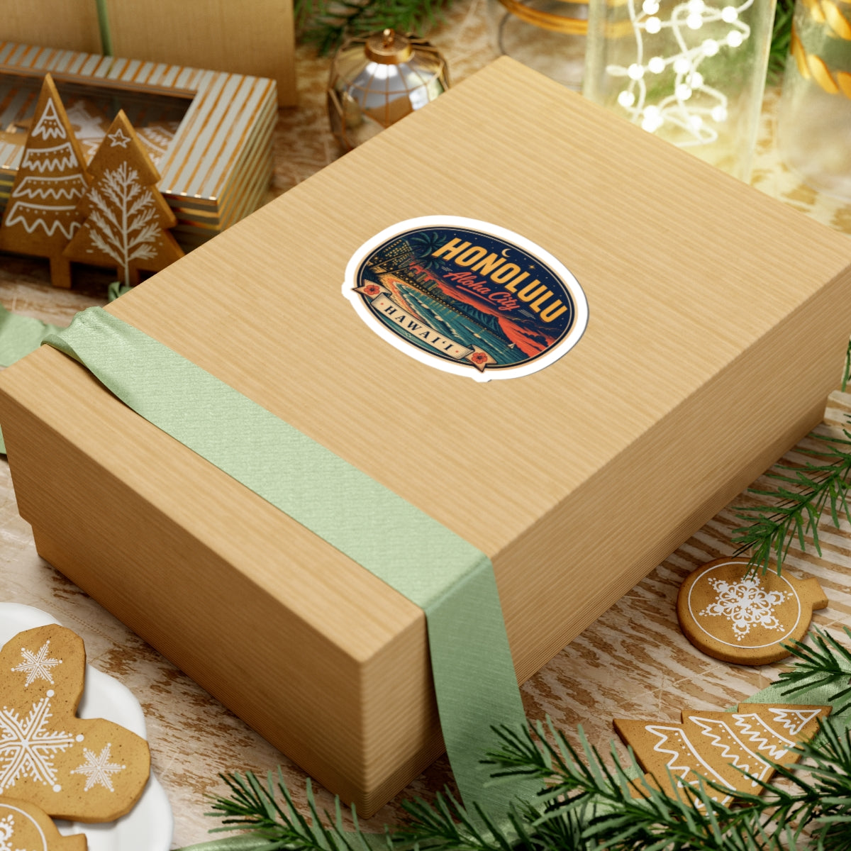 Honolulu luggage tag sticker on gift box, oval sunset beach design with 'Aloha City'
