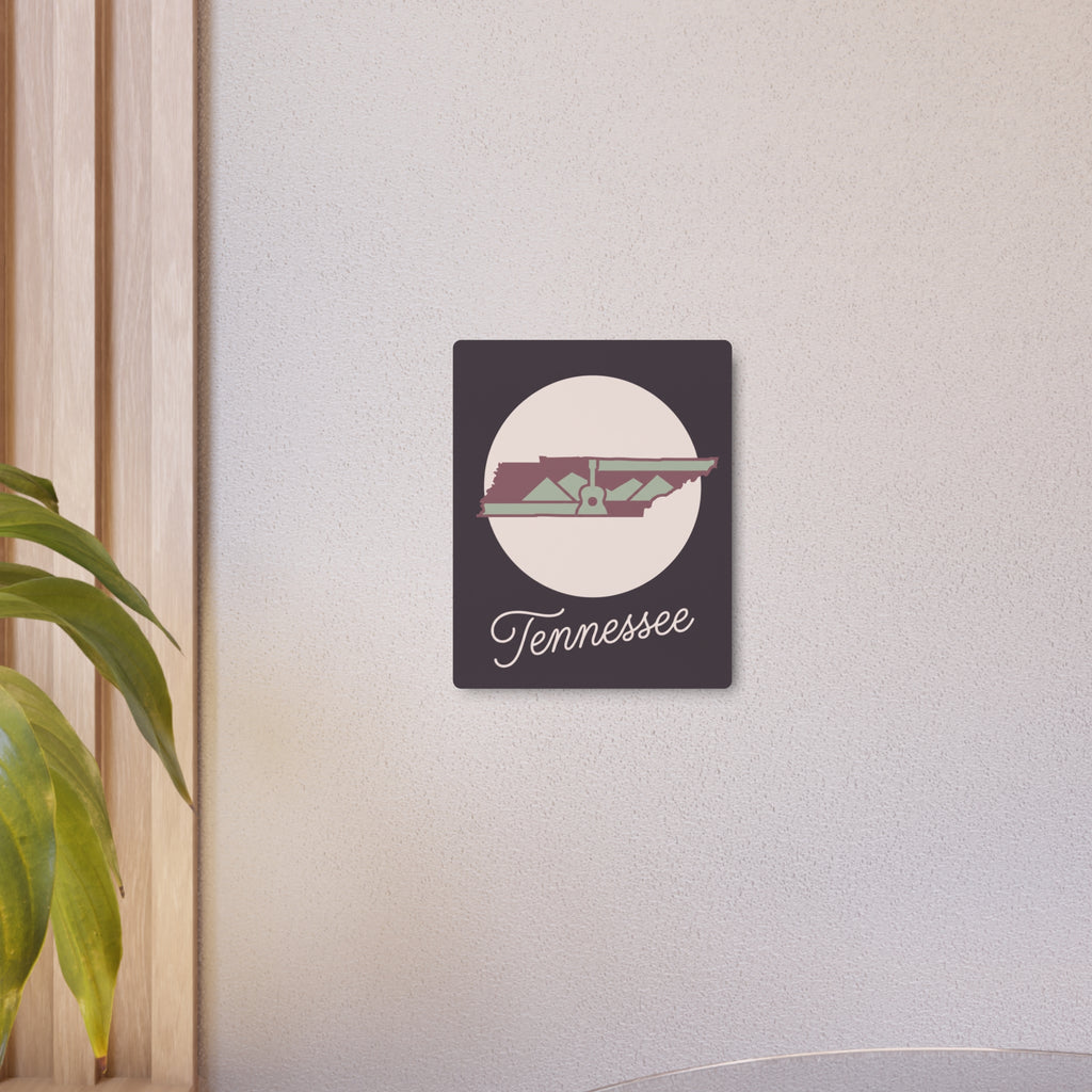 Tennessee metal wall art, small dark mauve square with circular state silhouette and “Tennessee”