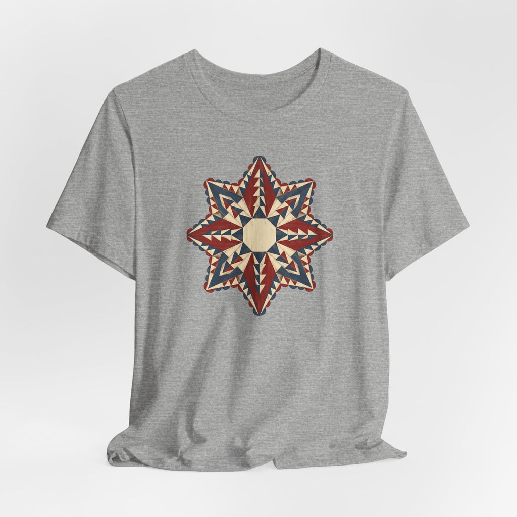 Dark gray short-sleeve crew-neck tee with colorful southwestern compass star mandala graphic.
