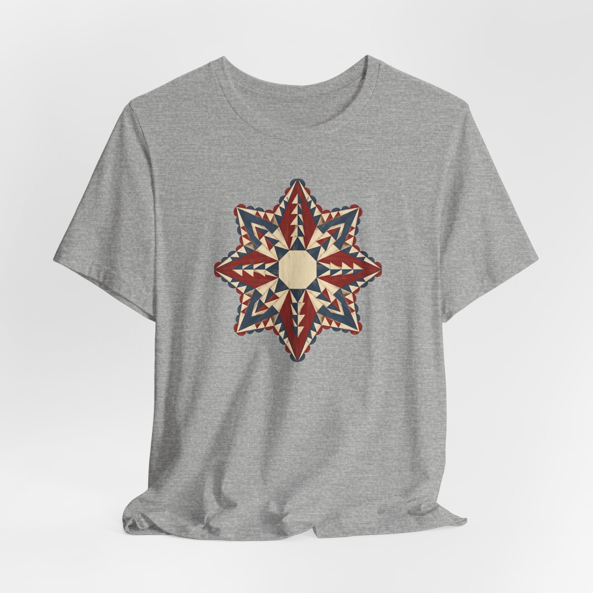 Dark gray short-sleeve crew-neck tee with colorful southwestern compass star mandala graphic.