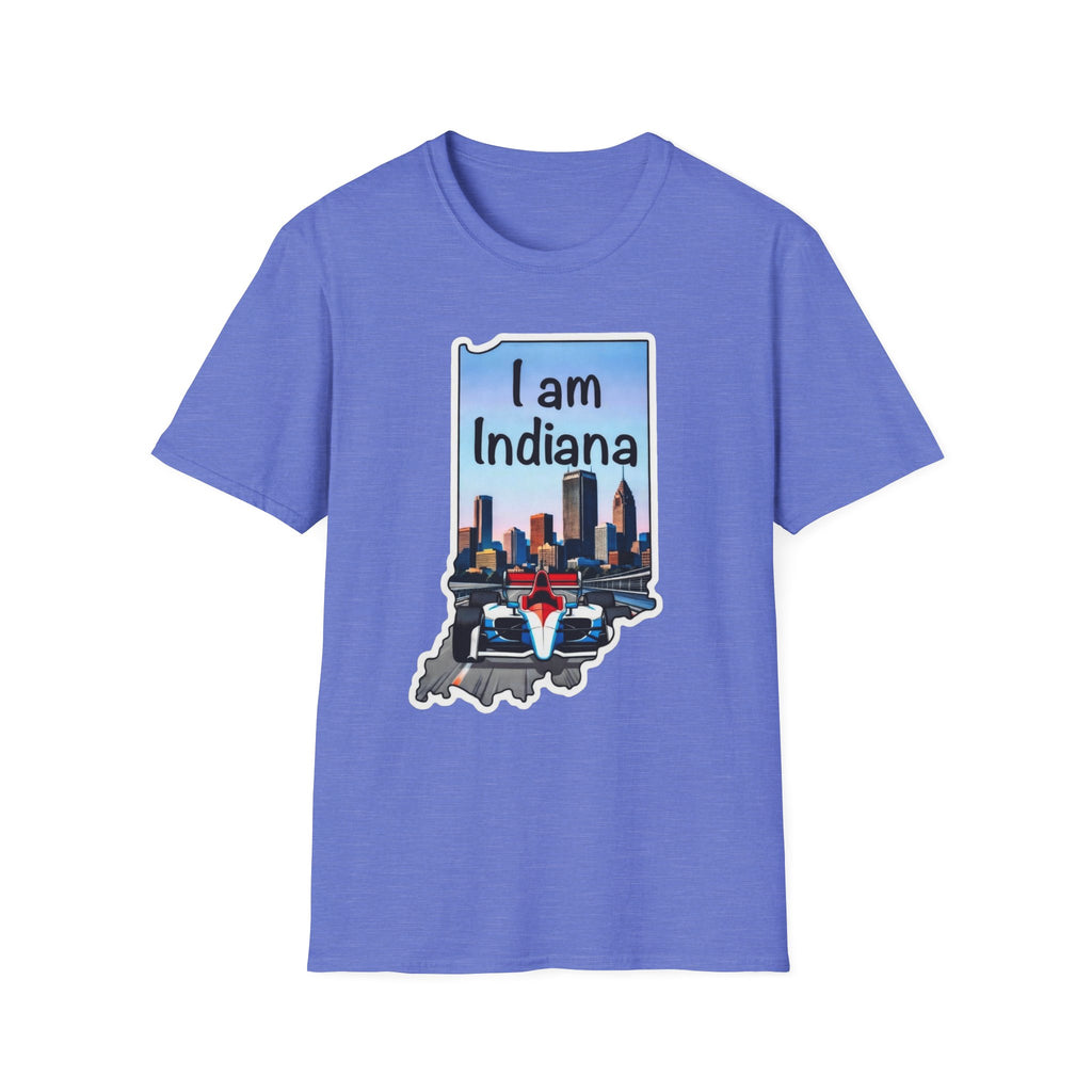 I am Indiana T-Shirt, blau: Indiana-Schriftzug, Skyline & IndyCar im Umriss