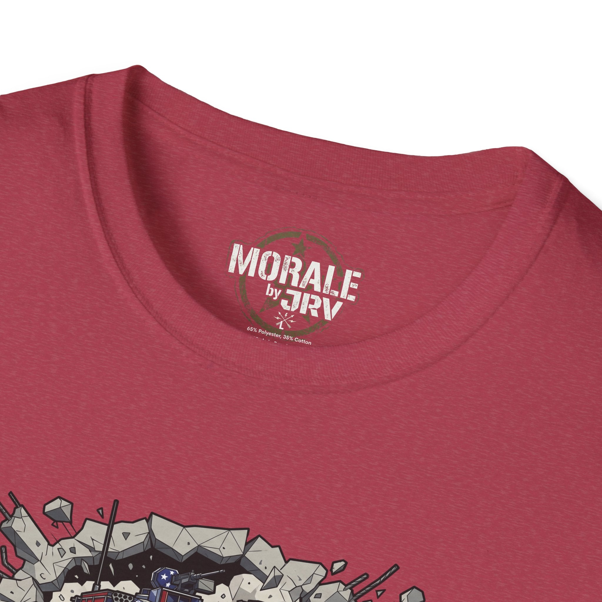 Burgundy crew neck T-shirt with “Morale by TRV” logo and top of tank breach graphic