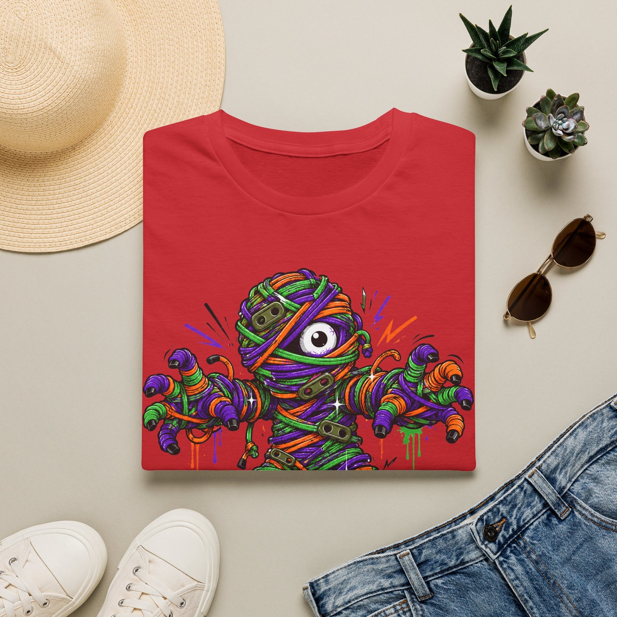 Red T-shirt with colorful wrapped monster mummy graphic