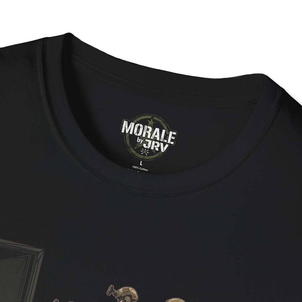 Black T-shirt neckline close-up with 'Morale by TRI' and soldier print