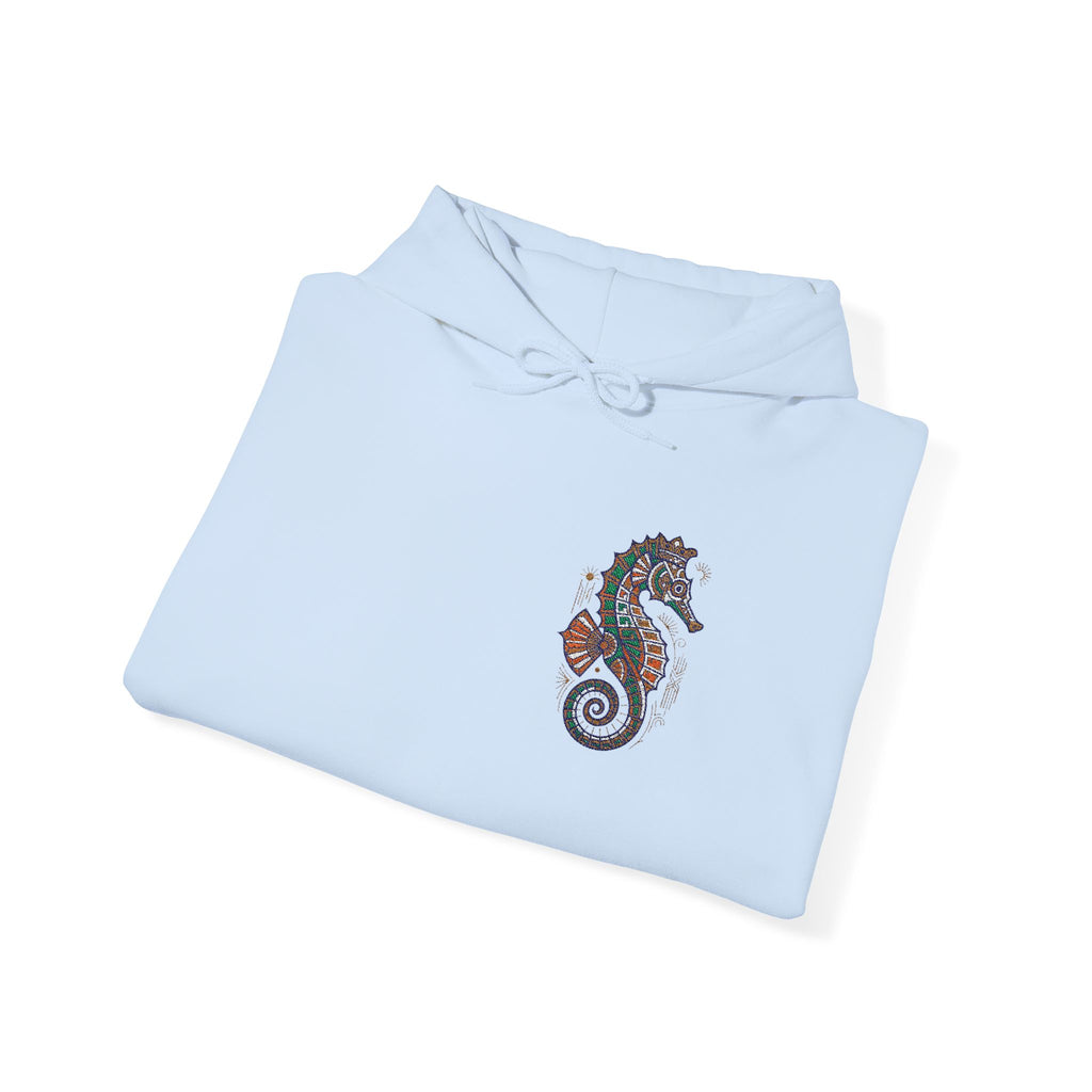 Light blue hoodie with colorful seahorse graphic on the chest