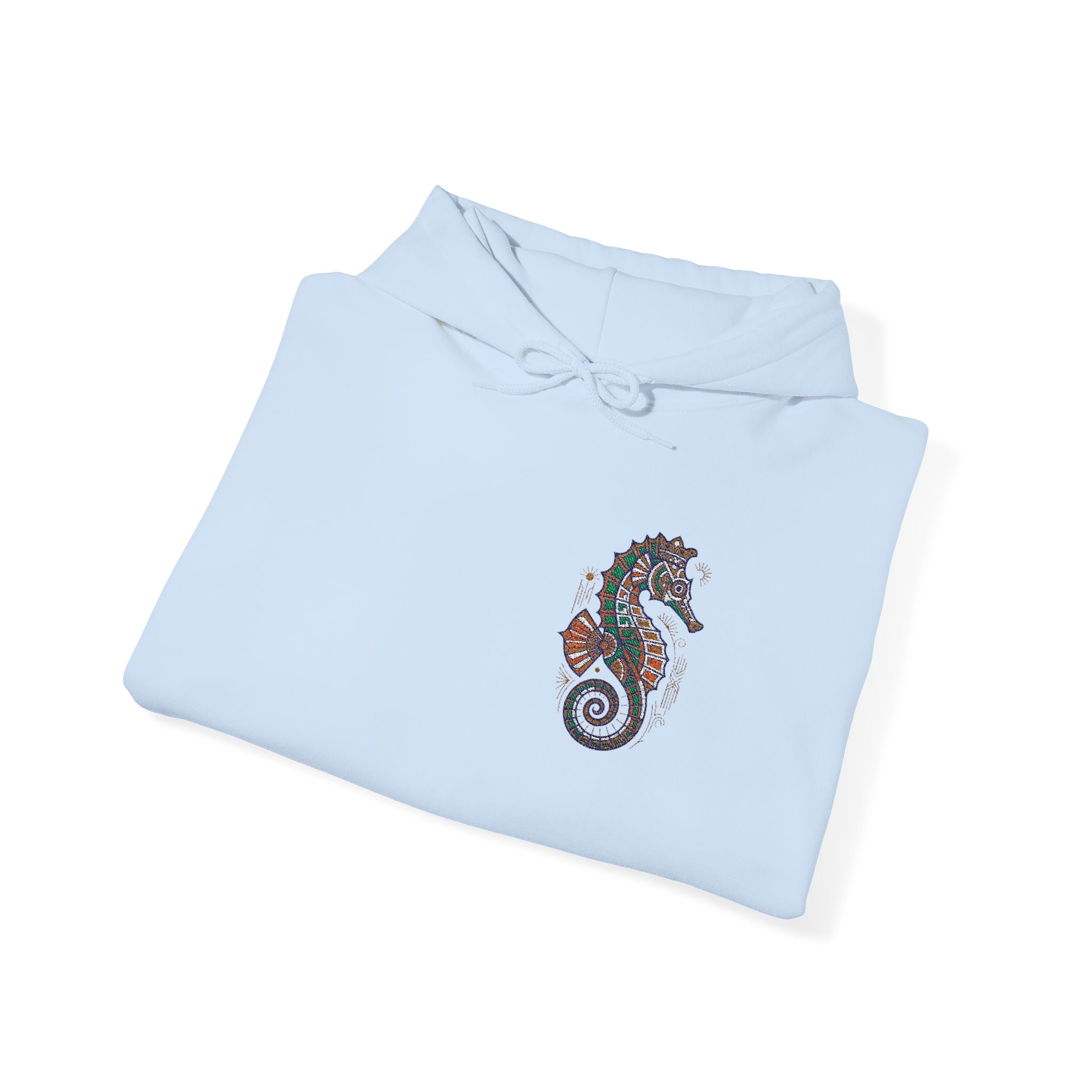 Light blue hoodie with colorful seahorse graphic on the chest