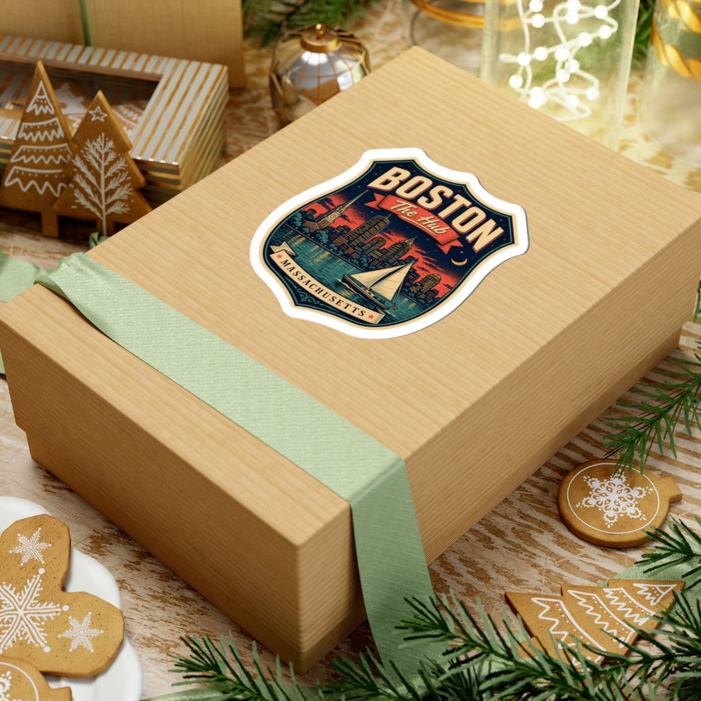 Boston shield luggage tag sticker on gift box lid, sailboat and “Massachusetts” text