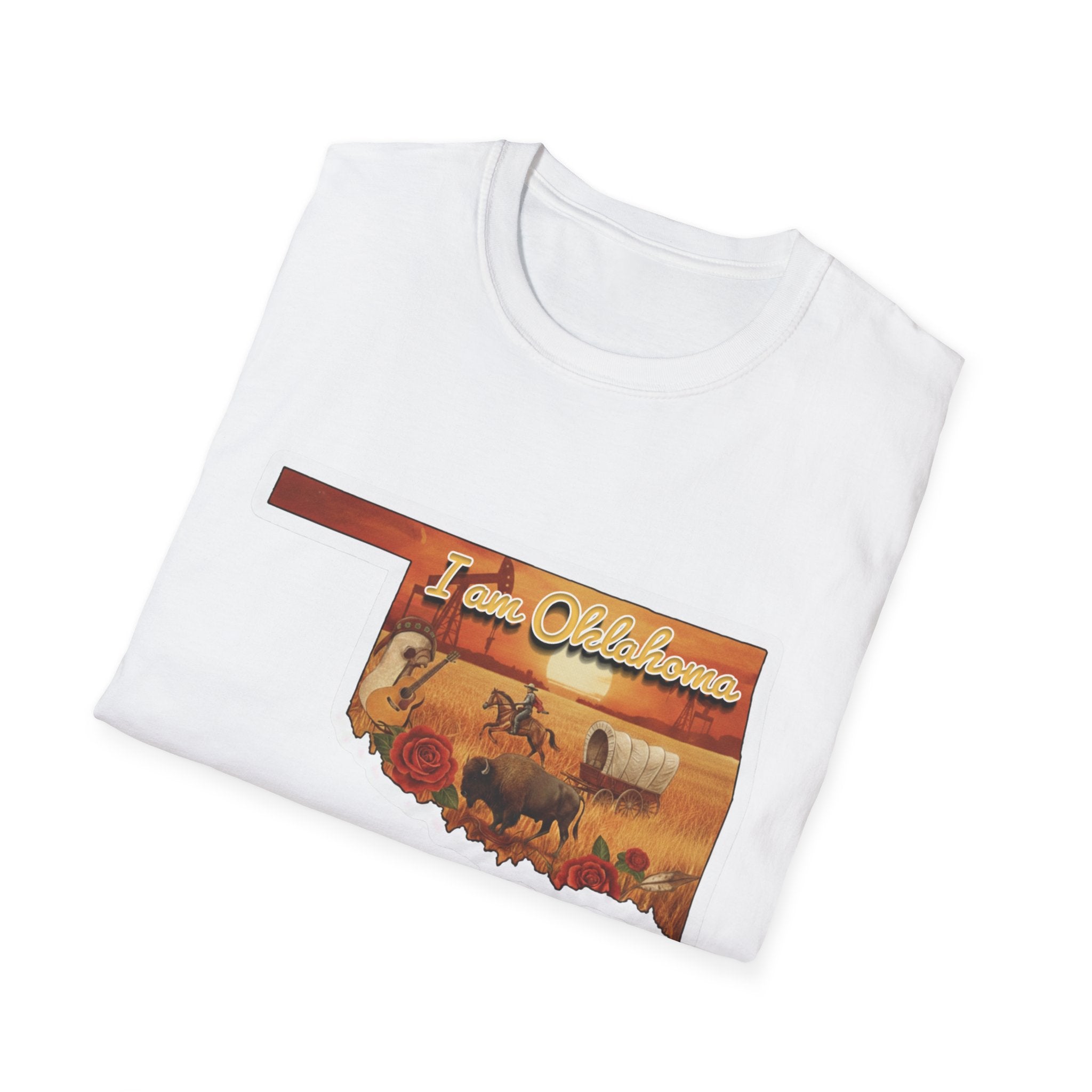 White T-shirt with “I am Oklahoma” cowboy scene graphic on the chest